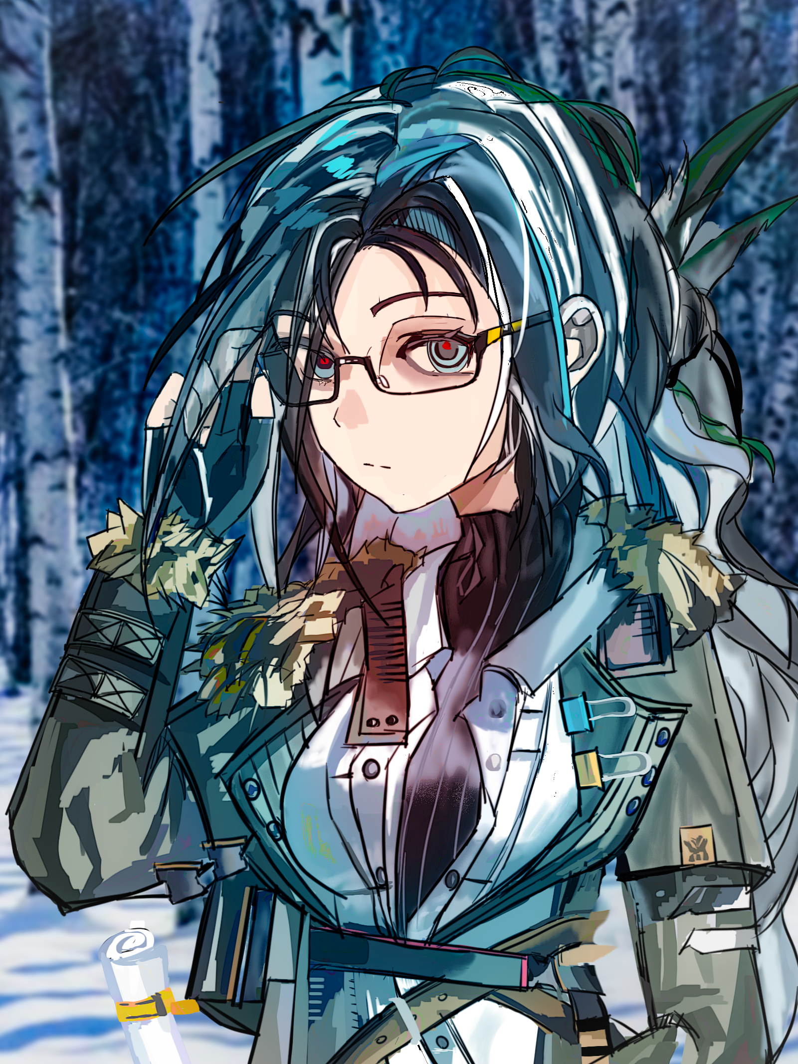 snegurochka (arknights), arknights, commentary request, highres, 1girl, adjusting eyewear, bags under eyes, bird girl, black-framed eyewear, coat, feather hair, forest, fur trim, glasses, gloves, green coat, long hair, long sleeves, looking at viewer, messy hair, multicolored hair, nature, open clothes, open shirt, outdoors, red pupils, semi-rimless eyewear, shirt, snow, solo, turtleneck, under-rim eyewear, user tfzj8422, white shirt