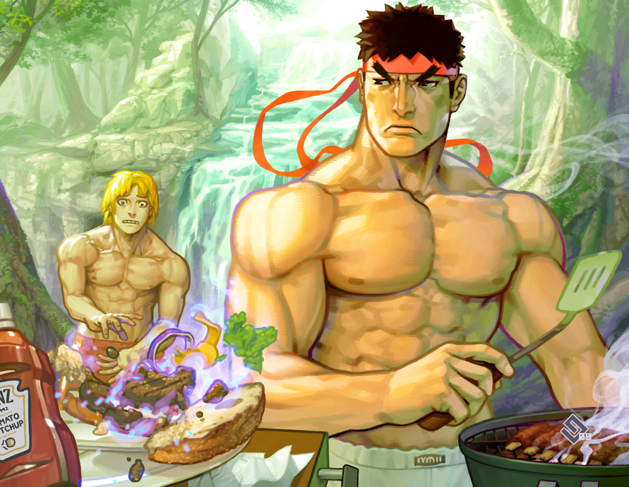 chad walker, ken masters, ryu (street fighter), capcom, heinz, street fighter, commentary, 2boys, accident, blonde hair, burger, cheese, food, frown, grill, hadouken, headband, ketchup, lettuce, male focus, manly, multiple boys, muscular, short hair, spatula, topless male, water, waterfall