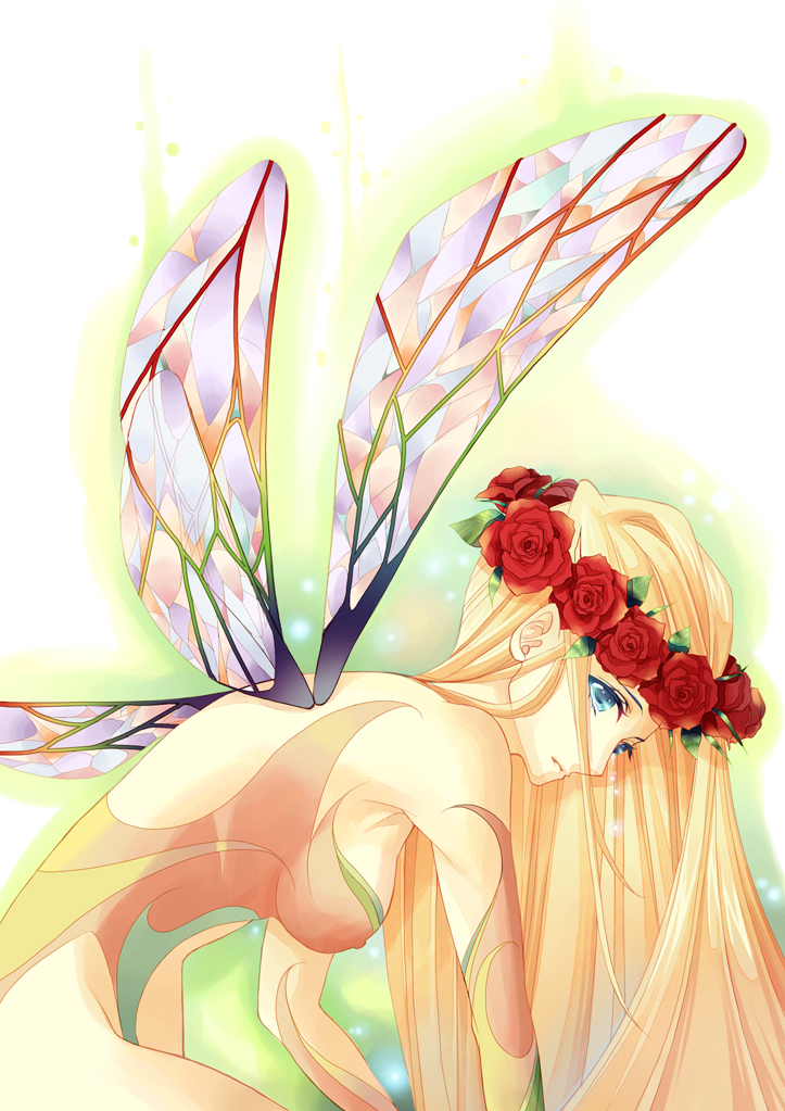 okuma mai, original, bad id, bad pixiv id, 1girl, blonde hair, blue eyes, breasts, fairy, female focus, flower, long hair, nipples, rose, solo, very long hair, wings