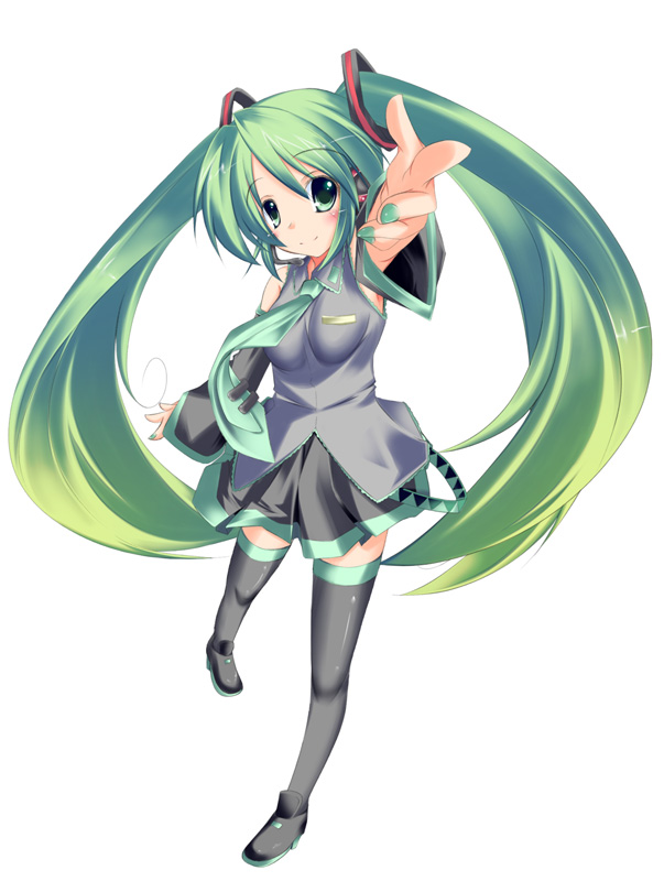 plus9, hatsune miku, vocaloid, bad id, bad pixiv id, 1girl, beckoning, detached sleeves, female focus, foreshortening, green eyes, green hair, hair ornament, headphones, long hair, matching hair/eyes, miniskirt, necktie, pleated skirt, sidelocks, simple background, skirt, smile, solo, standing, thighhighs, twintails, very long hair, zettai ryouiki