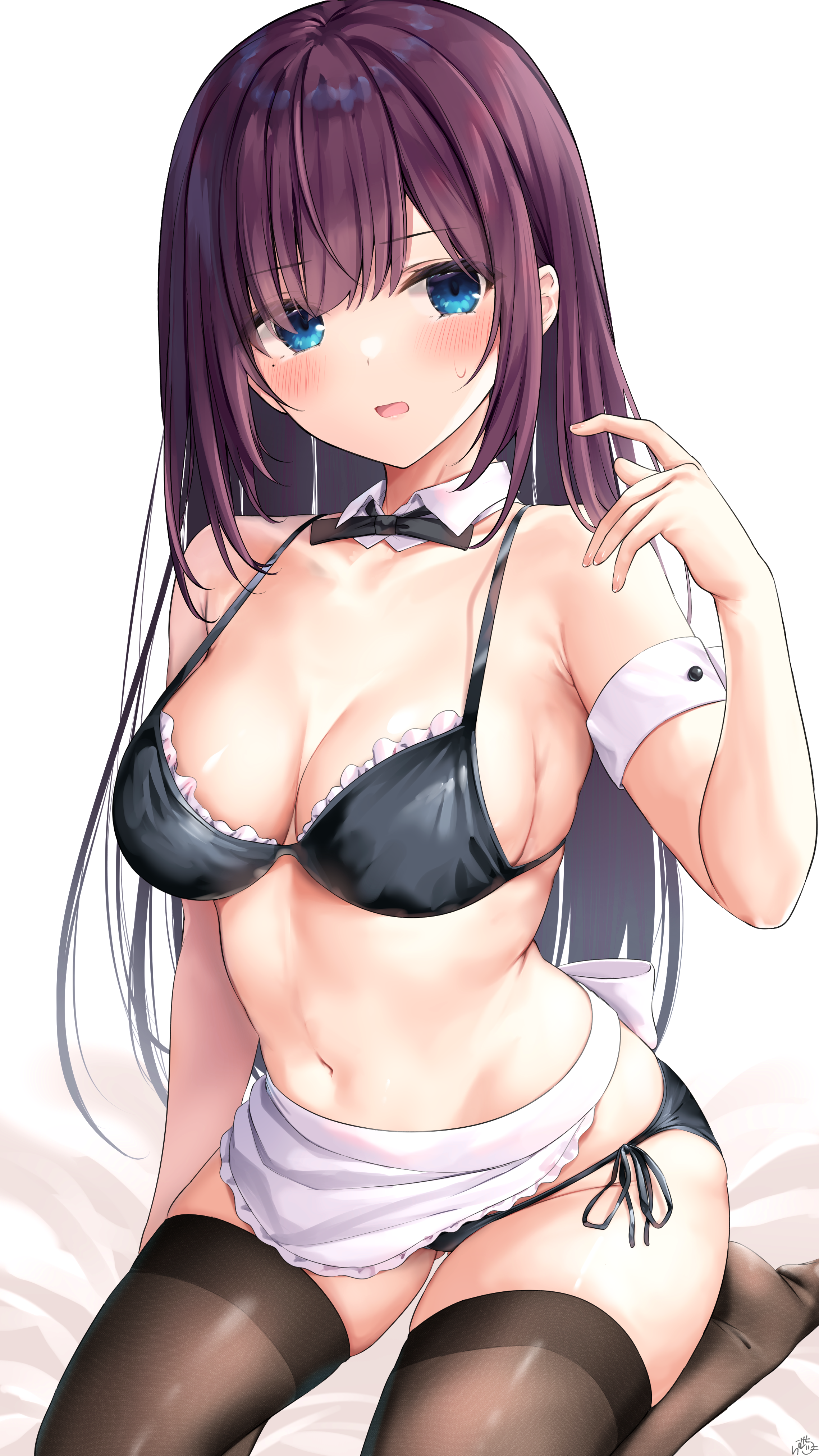 ramchi, maid-chan (ramchi), original, absurdres, highres, 1girl, apron, arm strap, armpit crease, bare shoulders, bikini, black bikini, black thighhighs, blue eyes, bow, bowtie, breasts, brown thighhighs, cleavage, collarbone, detached collar, frilled bikini, frills, gluteal fold, hand up, long hair, looking at viewer, maid, maid apron, maid bikini, medium breasts, mole, mole under eye, navel, no shoes, parted lips, purple hair, seiza, side-tie bikini bottom, sitting, solo, stomach, strap gap, string bikini, sweatdrop, swept bangs, swimsuit, thighhighs, unconventional maid, waist apron