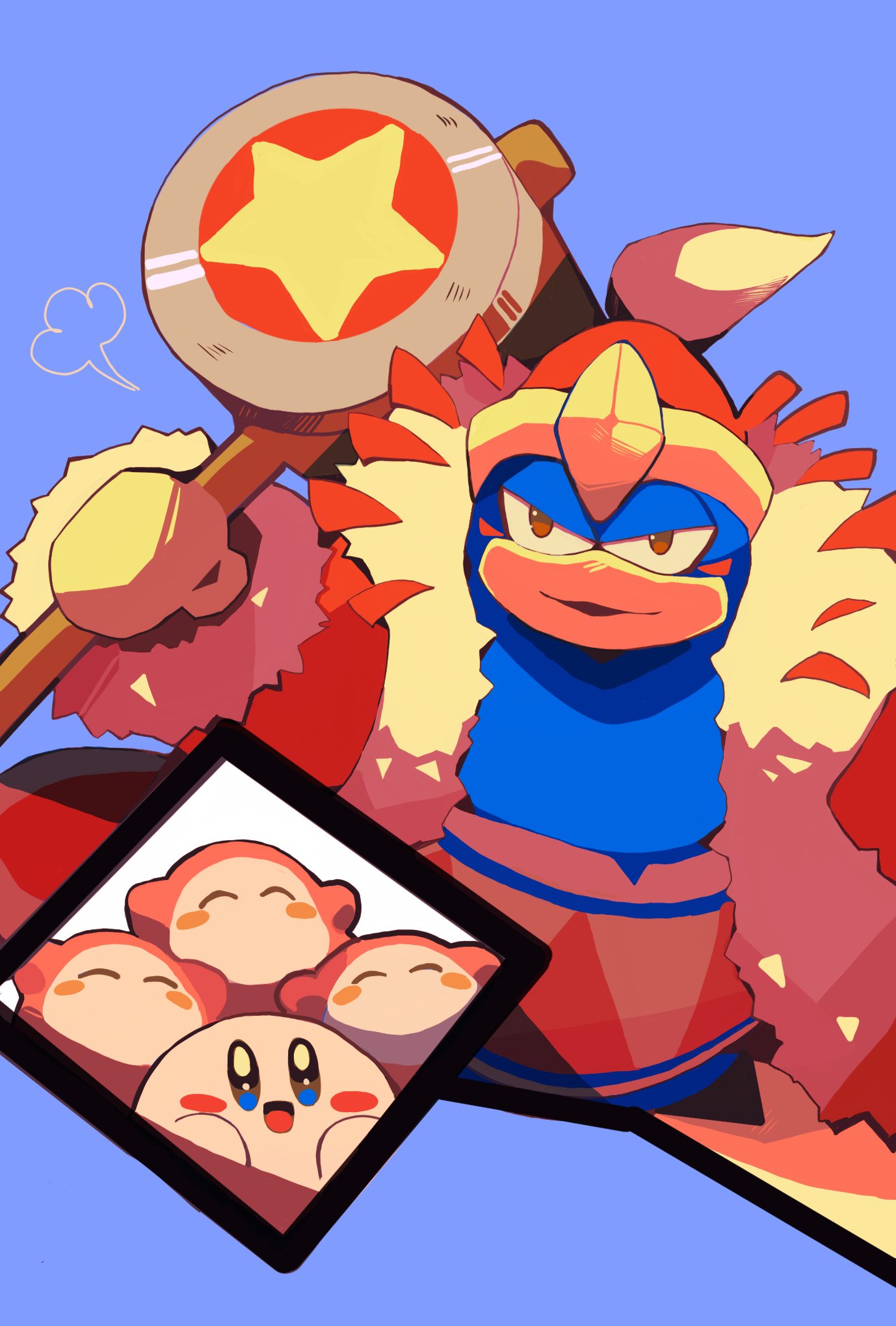 purano7, king dedede, kirby, waddle dee, kirby (series), nintendo, highres, 1boy, :d, beak, blue background, blue skin, brown eyes, closed mouth, color contrast, colored skin, fur-trimmed jacket, fur trim, hammer, hat, holding, holding hammer, jacket, light smile, open mouth, red hat, smile