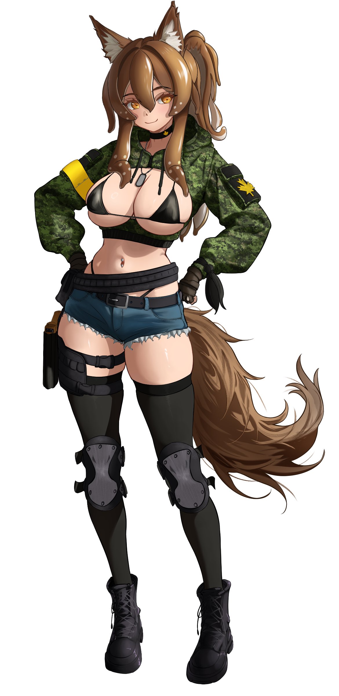 callisto (greyeth), original, absurdres, commentary, commission, english commentary, highres, variant set, 1girl, animal ear fluff, animal ears, armband, belt, black boots, black bra, black choker, blue shorts, boots, bra, breasts, brown eyes, brown hair, cadpat, choker, denim, denim shorts, dog tags, fox ears, fox girl, fox tail, full body, glock, gloves, green jacket, gun, handgun, hands on own hips, holster, jacket, knee pads, large breasts, lars artbro, leaf, long hair, long sleeves, looking at viewer, maple leaf, multicolored hair, navel, navel piercing, piercing, ribbon, short shorts, shorts, simple background, smile, solo, streaked hair, tail, tentacle hair, thigh holster, thighhighs, underwear, weapon, white background, yellow armband