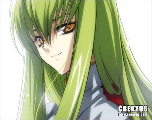 creayus, c.c., code geass, lowres, 00s, 1girl, female focus, green hair, long hair, solo, white background, yellow eyes