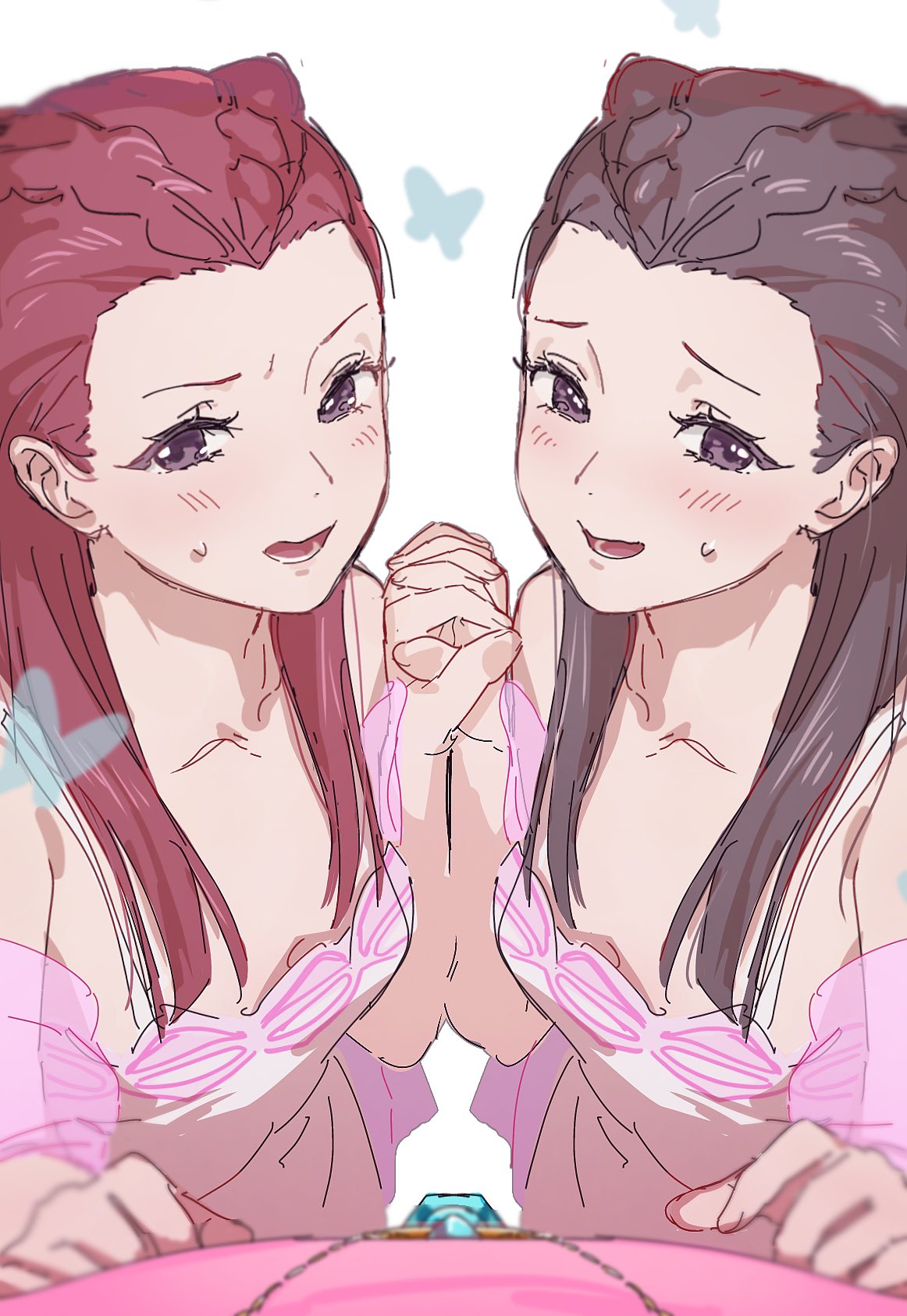 nyak il, dahlia hawthorne, iris (ace attorney), phoenix wright, ace attorney, phoenix wright: ace attorney – trials and tribulations, commentary request, highres, 1boy, 2girls, brown hair, bug, butterfly, dress, furrowed brow, holding hands, insect, long hair, looking at viewer, multiple girls, nervous smile, open mouth, out of frame, phoenix wright (nostalgic sweater), pov, purple eyes, red hair, siblings, simple background, sisters, smile, standing, sweatdrop, twins, white background, white dress