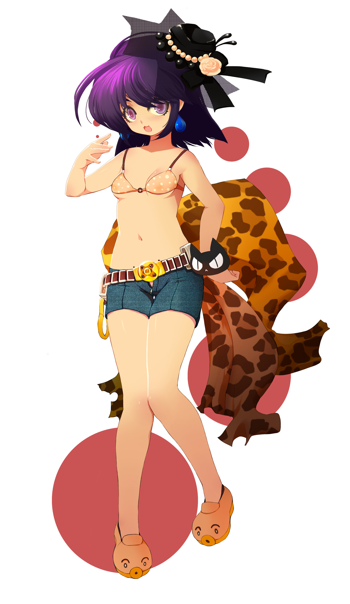tsunekun, bad id, bad pixiv id, highres, 1girl, :3, animal print, bikini, bikini top only, earrings, female focus, hat, jewelry, legs, leopard print, midriff, navel, purple hair, shoes, short hair, shorts, solo, swimsuit, unzipped