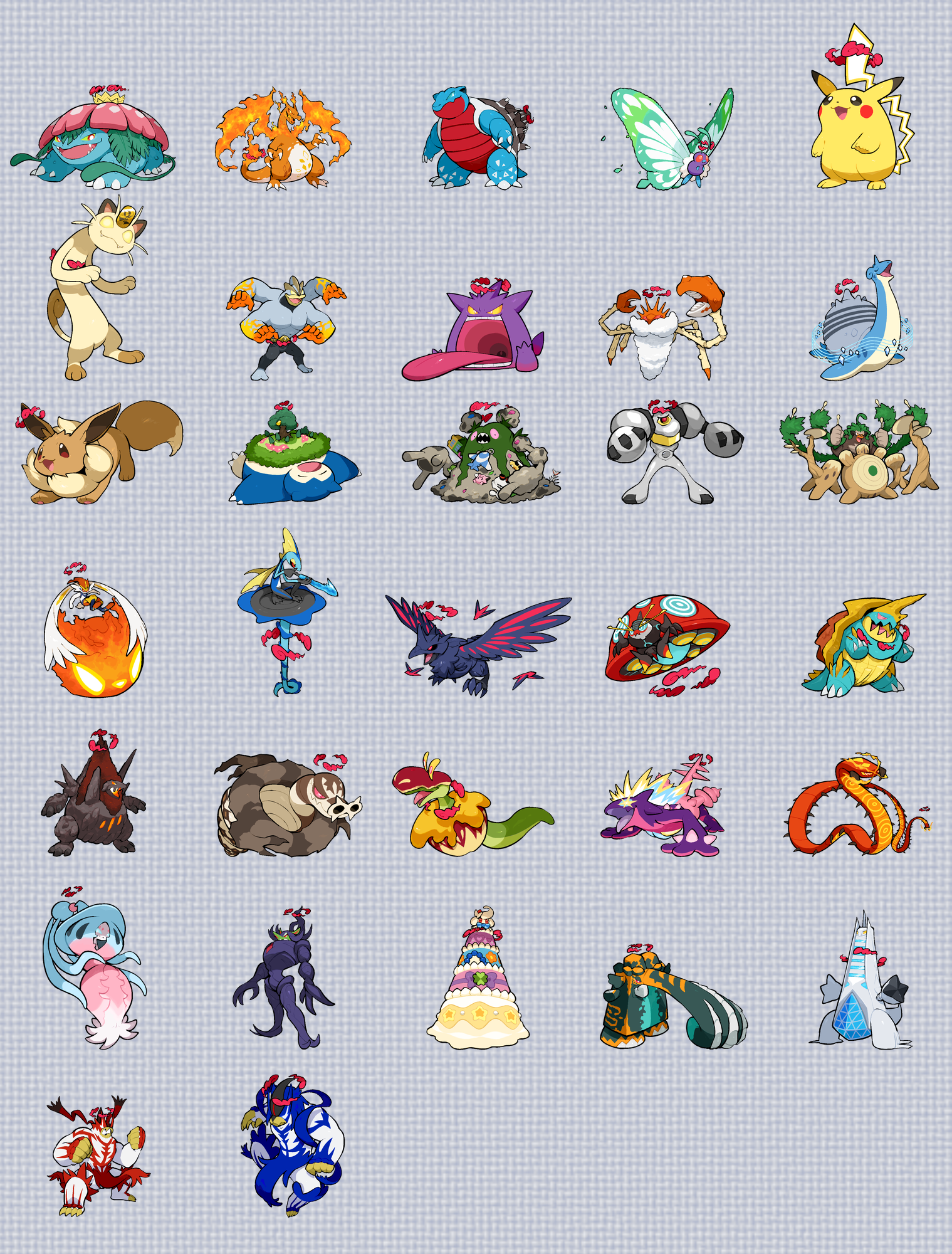 kawaanago, alcremie, appletun, blastoise, butterfree, centiskorch, charizard, cinderace, coalossal, copperajah, corviknight, drednaw, duraludon, eevee, flapple, garbodor, gengar, gigantamax alcremie, gigantamax blastoise, gigantamax butterfree, gigantamax centiskorch, gigantamax charizard, gigantamax cinderace, gigantamax coalossal, gigantamax copperajah, gigantamax corviknight, gigantamax drednaw, gigantamax duraludon, gigantamax eevee, gigantamax flapple/appletun, gigantamax garbodor, gigantamax gengar, gigantamax grimmsnarl, gigantamax hatterene, gigantamax inteleon, gigantamax kingler, gigantamax lapras, gigantamax machamp, gigantamax melmetal, gigantamax meowth, gigantamax orbeetle, gigantamax pikachu, gigantamax rillaboom, gigantamax sandaconda, gigantamax snorlax, gigantamax toxtricity, gigantamax urshifu (rapid), gigantamax urshifu (single), gigantamax venusaur, grimmsnarl, hatterene, inteleon, kingler, lapras, machamp, melmetal, meowth, orbeetle, pikachu, rillaboom, sandaconda, snorlax, toxtricity, urshifu, urshifu (rapid), urshifu (single), venusaur, nintendo, pokemon, commentary request, highres, :3, bird, claws, closed eyes, closed mouth, coin, crab, dot nose, dragon, drum, drum set, drumsticks, dynamax, extra arms, fangs, fat pikachu, fiery wings, fire, fireball, flame-tipped tail, full body, gen 1 pokemon, gen 5 pokemon, gen 7 pokemon, gen 8 pokemon, gigantamax, gold, holding, holding drumsticks, insect wings, instrument, koban (gold), leaf, legendary pokemon, long tongue, lying, muscular, mythical pokemon, nostrils, on back, open mouth, pincers, plant, pokemon (creature), pokemon focus, red clouds, sharp teeth, smile, tail, teeth, tongue, tongue out, tree, v-shaped eyes, vines, wings