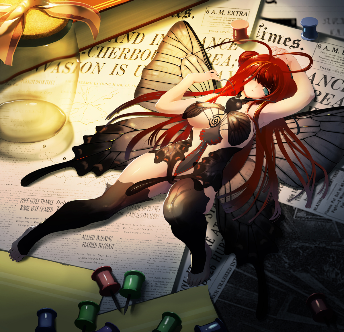 tsunekun, original, bad id, bad pixiv id, 1girl, antenna hair, armpits, arthropod girl, blue eyes, blunt bangs, breasts, breasts apart, bug, butterfly, butterfly girl, butterfly wings, double bun, female focus, hair bun, hime cut, insect, insect wings, jar, large breasts, long hair, lying, monster girl, newspaper, on back, red hair, solo, thighhighs, wings