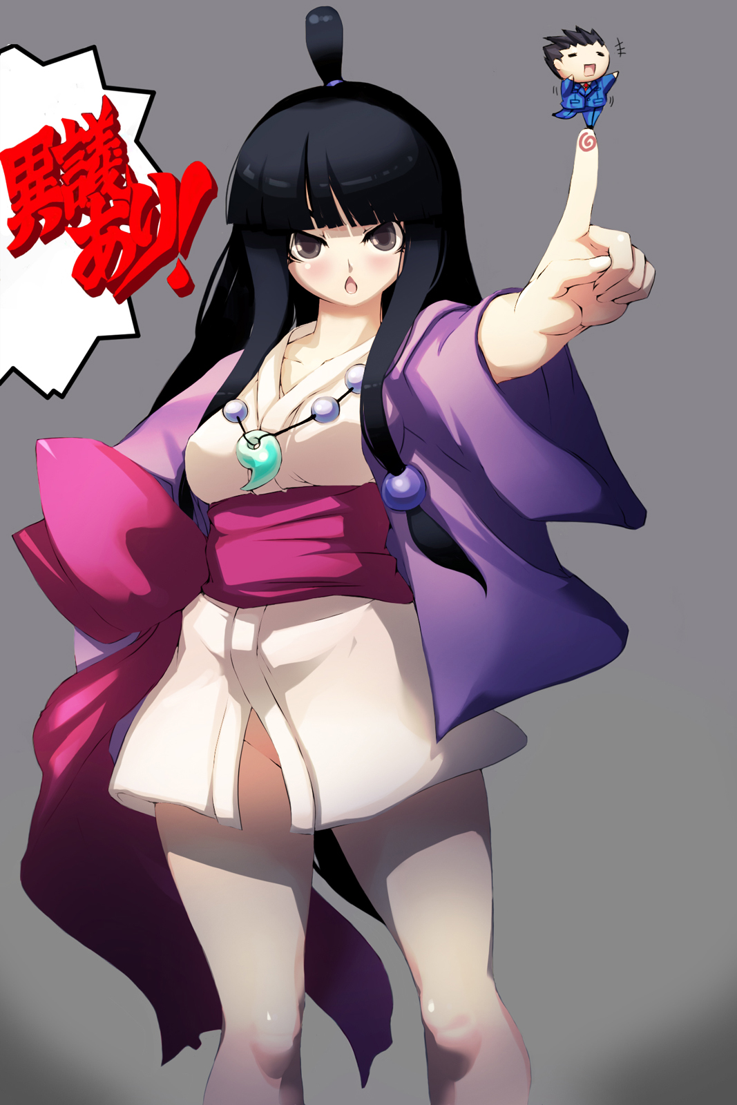 tsunekun, maya fey, phoenix wright, ace attorney, capcom, bad id, bad pixiv id, highres, 1boy, 1girl, :o, black hair, brown eyes, chibi, hair ornament, half updo, index finger raised, japanese clothes, long hair, magatama, no panties, objection, pointing, sphere hair ornament