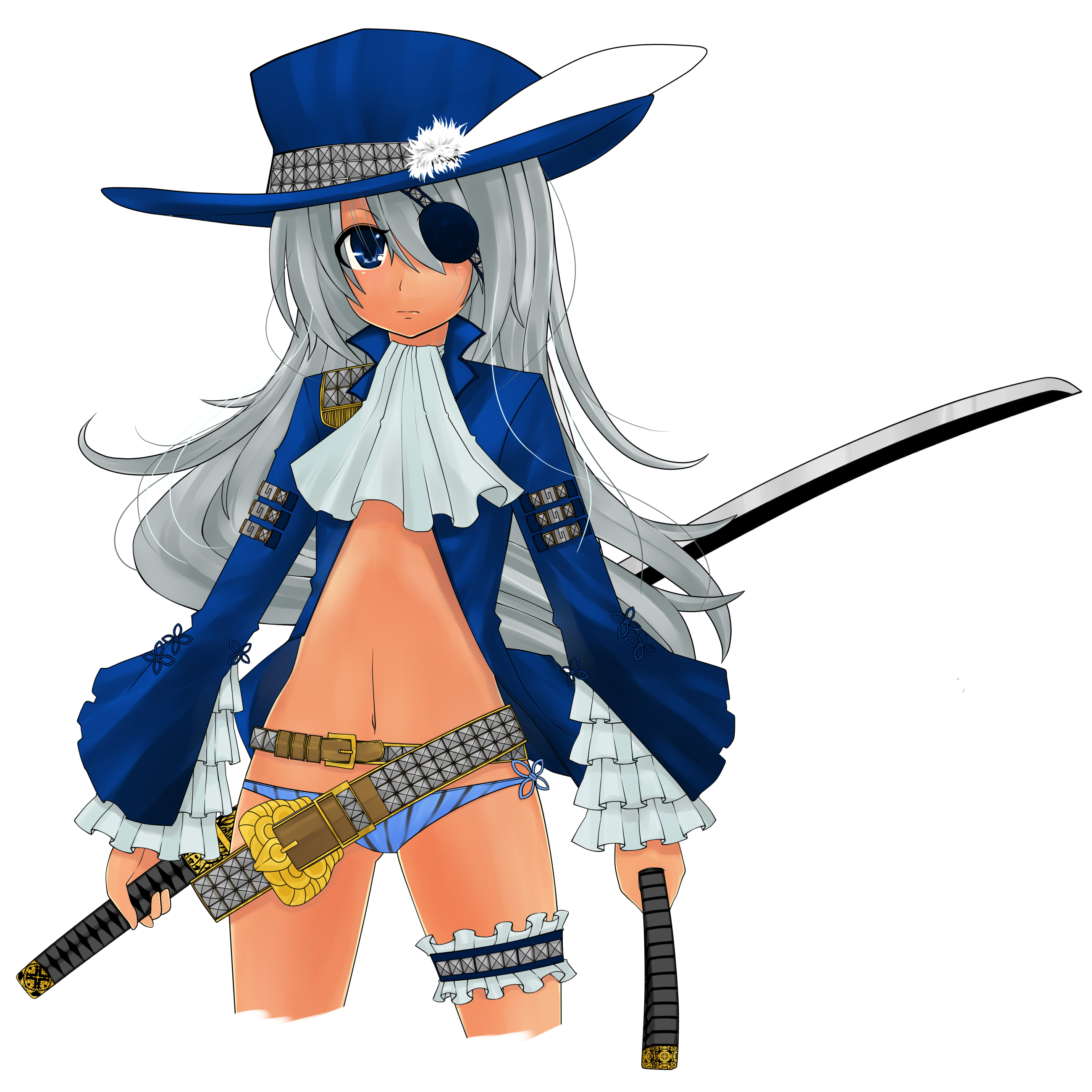 kochiya, kochiya (gothope), original, silver hair, uniform, absurdres, bad id, bad pixiv id, highres, 1girl, ascot, belt, blue eyes, eyepatch, feathers, female focus, frilled thigh strap, frills, hat, long hair, lowleg, lowleg panties, navel, no pants, panties, solo, sword, thigh strap, underwear, weapon