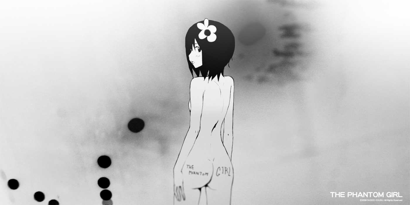 jack f14, shokubai phantom girl, original, 1girl, arms at sides, artist name, ass, body writing, breasts, cowboy shot, facing away, female focus, flat ass, flower, from behind, greyscale, hair flower, hair ornament, looking at viewer, looking back, monochrome, nude, profile, short hair, small breasts, solo