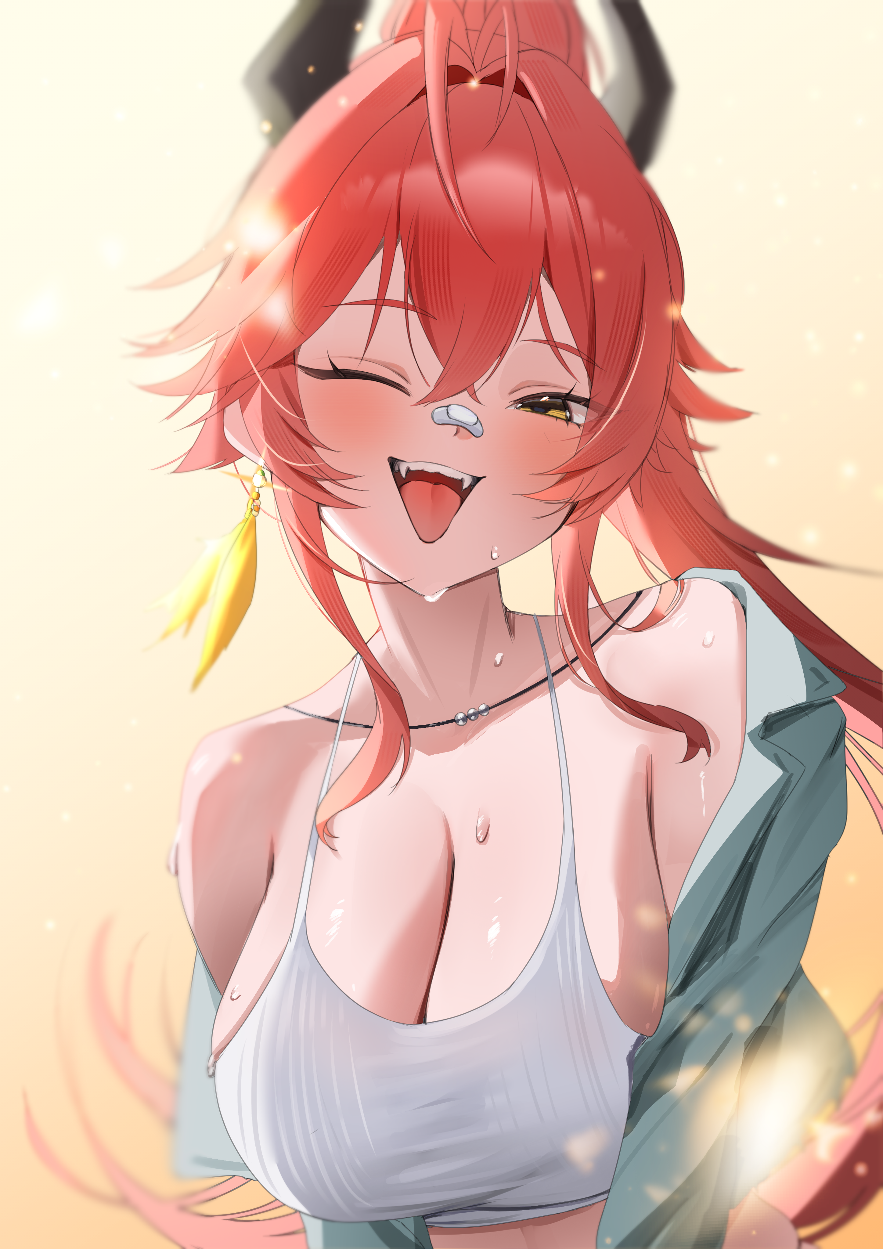 red hood (nikke), goddess of victory: nikke, absurdres, commentary request, highres, 1girl, ;d, bandaid, bandaid on face, bandaid on nose, bare shoulders, blush, breasts, cleavage, collarbone, crop top, crossed bangs, double-parted bangs, earrings, fangs, green jacket, hair between eyes, hair flaps, hair intakes, horns, jacket, jewelry, large breasts, long hair, looking at viewer, mechanical horns, midriff, mopyo (gvmmr), off shoulder, official alternate costume, official alternate hairstyle, one eye closed, open clothes, open jacket, open mouth, ponytail, red hair, red hood (retro days) (nikke), sharp teeth, sidelocks, single earring, smile, solo, sweat, tank top, teeth, upper body, upper teeth only, very long hair, white tank top, yellow eyes