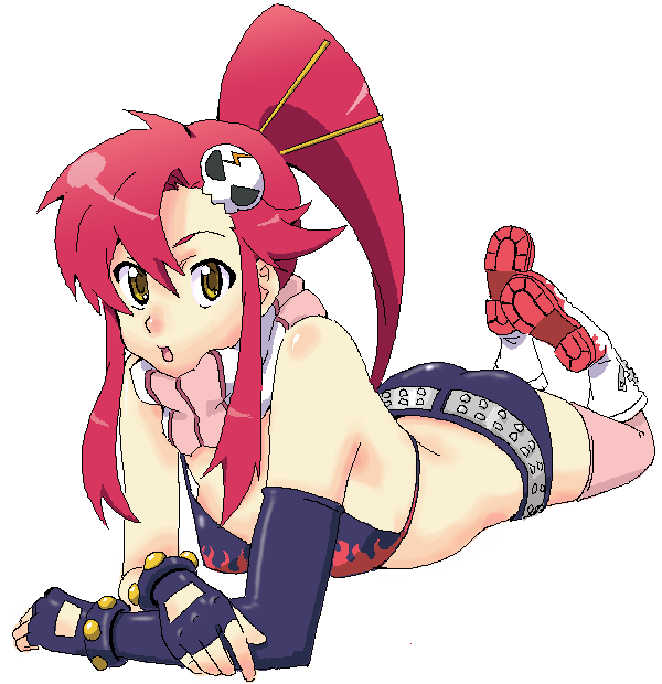 kazunari, yoko littner, tengen toppa gurren lagann, 00s, 1girl, belt, bikini, bikini top only, boots, elbow gloves, female focus, fingerless gloves, gloves, hair ornament, long hair, lying, oekaki, on stomach, pink thighhighs, ponytail, red hair, scarf, shorts, sidelocks, solo, striped clothes, striped scarf, swimsuit, thighhighs, yellow eyes