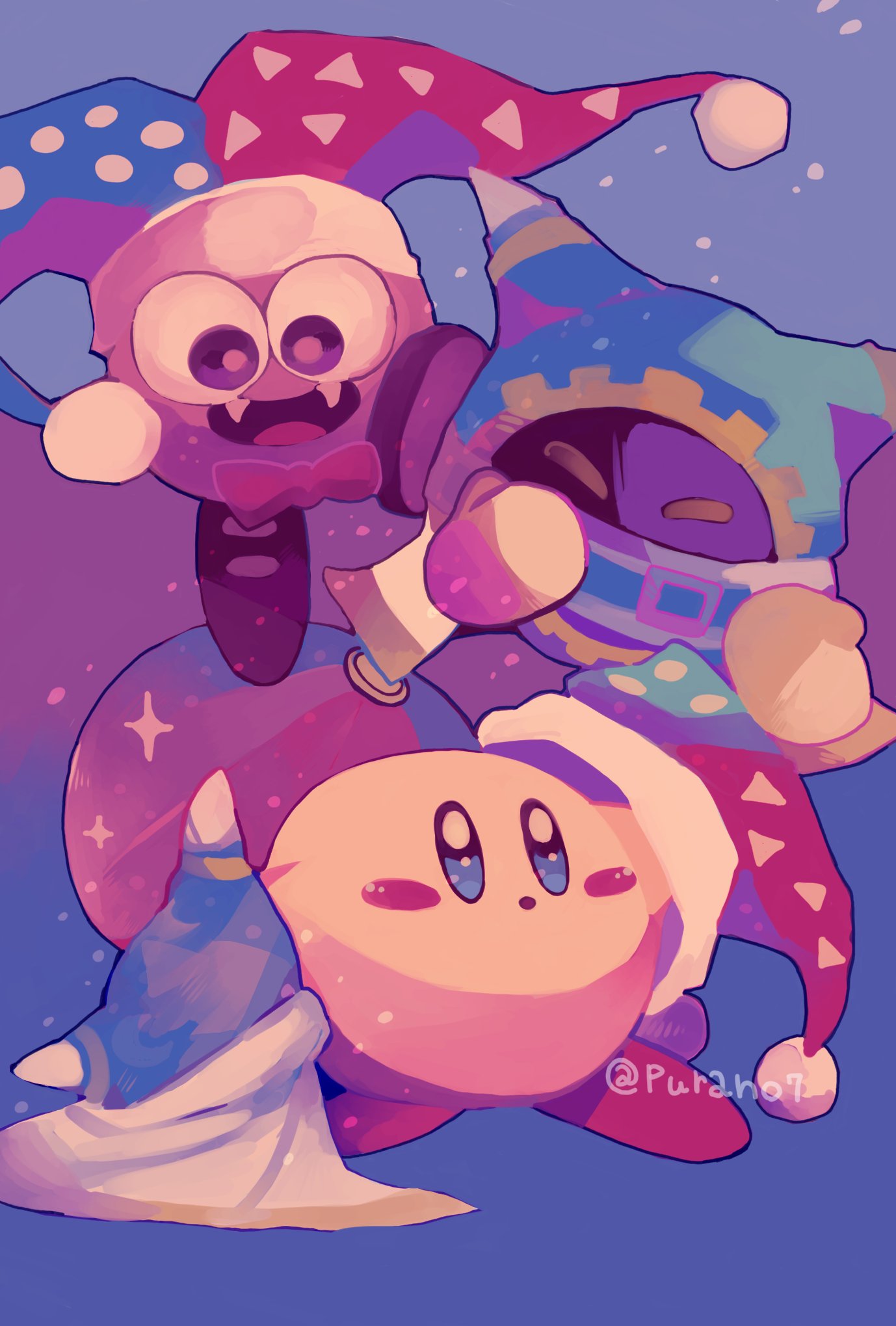 purano7, kirby, magolor, marx (kirby), kirby (series), nintendo, highres, :o, artist name, blue eyes, blue hat, blue hood, blush stickers, closed eyes, colored skin, fangs, hat, hood, jester cap, multicolored hat, no humans, open mouth, pink skin, rayman limbs, red hat, red shoes, shoes, smile
