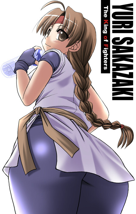 tonpuu, yuri sakazaki, ryuuko no ken, snk, the king of fighters, 1girl, ass, bottle, braid, brown eyes, brown hair, character name, copyright name, cowboy shot, female focus, fingerless gloves, gloves, long hair, simple background, solo, white background