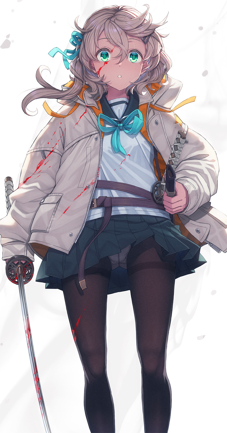 itou (onsoku tassha), original, highres, 1girl, aqua eyes, belt, black pantyhose, blood, blood on clothes, blood on face, bloody weapon, feet out of frame, grey hair, hair ribbon, holding, holding sword, holding weapon, jacket, katana, long hair, looking at viewer, neck ribbon, panties, panties under pantyhose, pantyhose, pantyshot, pleated skirt, ribbon, sailor collar, school uniform, serafuku, skirt, solo, standing, sword, underwear, weapon