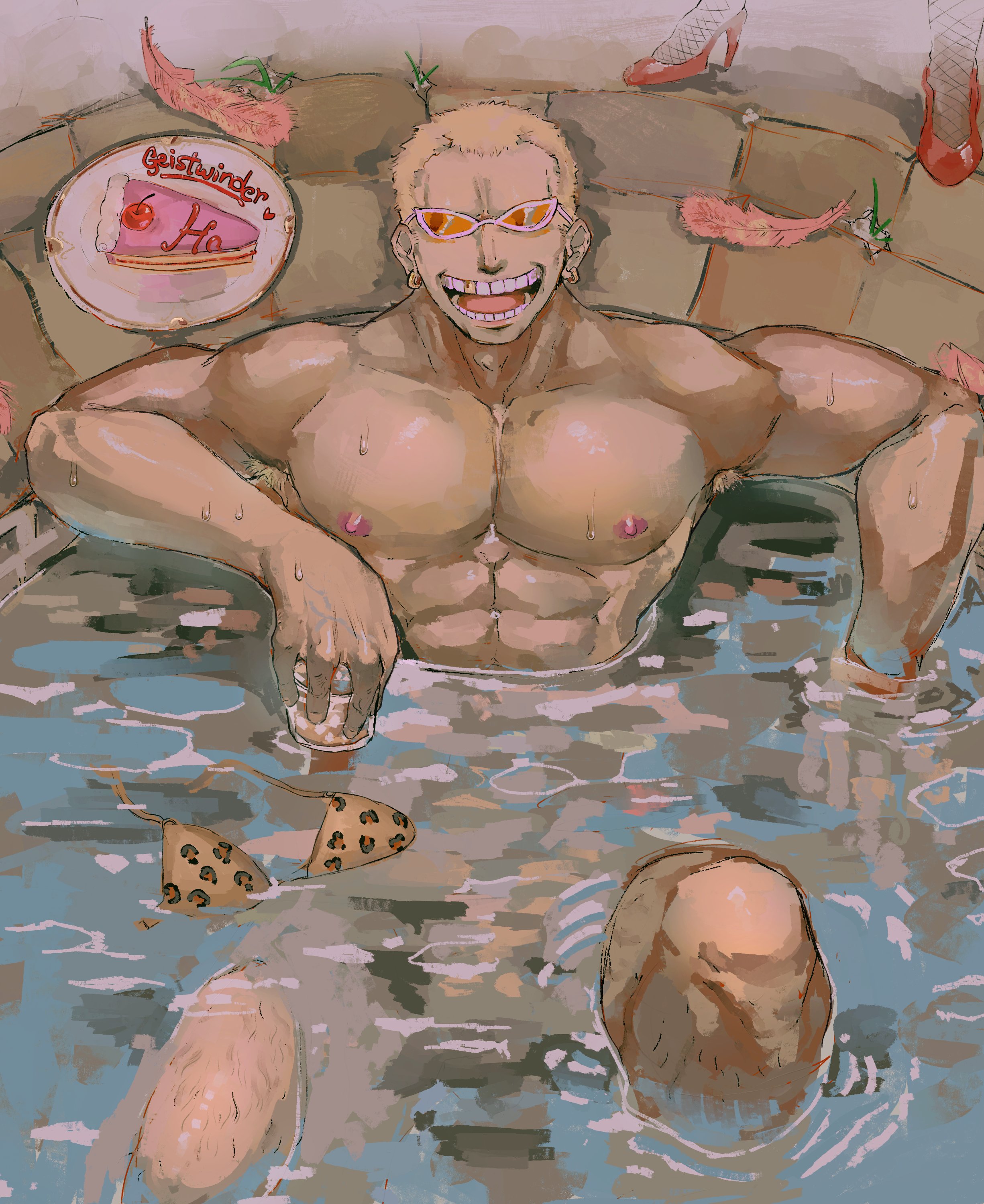 donquixote doflamingo, one piece, absurdres, highres, 1boy, 1girl, armpit hair, artist name, blonde hair, bra, cake, cake slice, cup, earrings, feathers, food, geistwinder, glasses, golden tooth, holding, holding cup, jewelry, large pectorals, muscular, muscular male, nipples, open mouth, partially submerged, pectorals, plate, short hair, smile, sunglasses, teeth, underwear