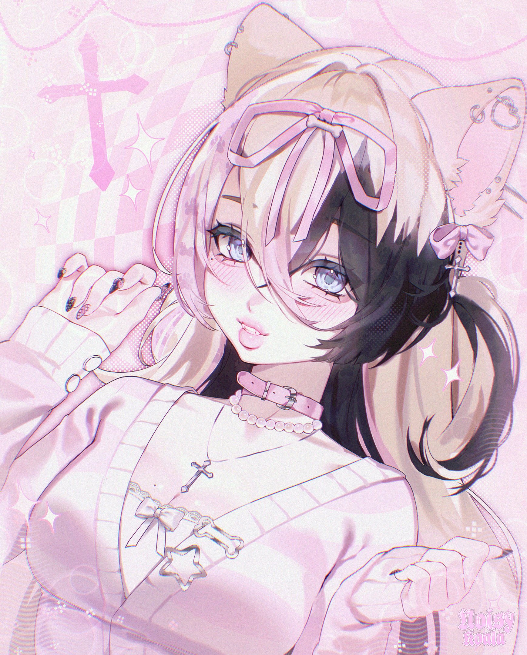 noisykoala, original, commentary, commission, english commentary, highres, 1girl, aegyo sal, animal ear piercing, animal ears, artist name, badge, barbell piercing, belt collar, black nails, black streaks, blonde hair, blue eyes, bone hair ornament, bow, bow camisole, bow hairband, breasts, bubble background, camisole, cardigan, cat ears, cat girl, checkered background, chromatic aberration, cleavage, collar, colored bangs, colored inner hair, cross, cross hair ornament, cross necklace, curled fingers, double-parted bangs, dutch angle, ear piercing, eyelashes, eyes visible through hair, fangs, film grain, fingernails, four-pointed star, hair between eyes, hair ornament, hair ribbon, hairband, halftone, hands up, industrial piercing, jewelry, lace-trimmed camisole, lace trim, light blush, long fingernails, long hair, looking at viewer, medium breasts, mole, mole under eye, multicolored hair, multicolored nails, nail art, nail ornament, necklace, one side up, outer glow, outline, parted lips, pastel colors, patterned hair, paw print, pearl necklace, piercing, pink background, pink bow, pink cardigan, pink collar, pink nails, pink outline, pink ribbon, pink streaks, pink theme, ribbon, sleeves past wrists, sparkle, spiked ear piercing, teeth, thick lips, two-tone nails, upper body, white bow, white camisole