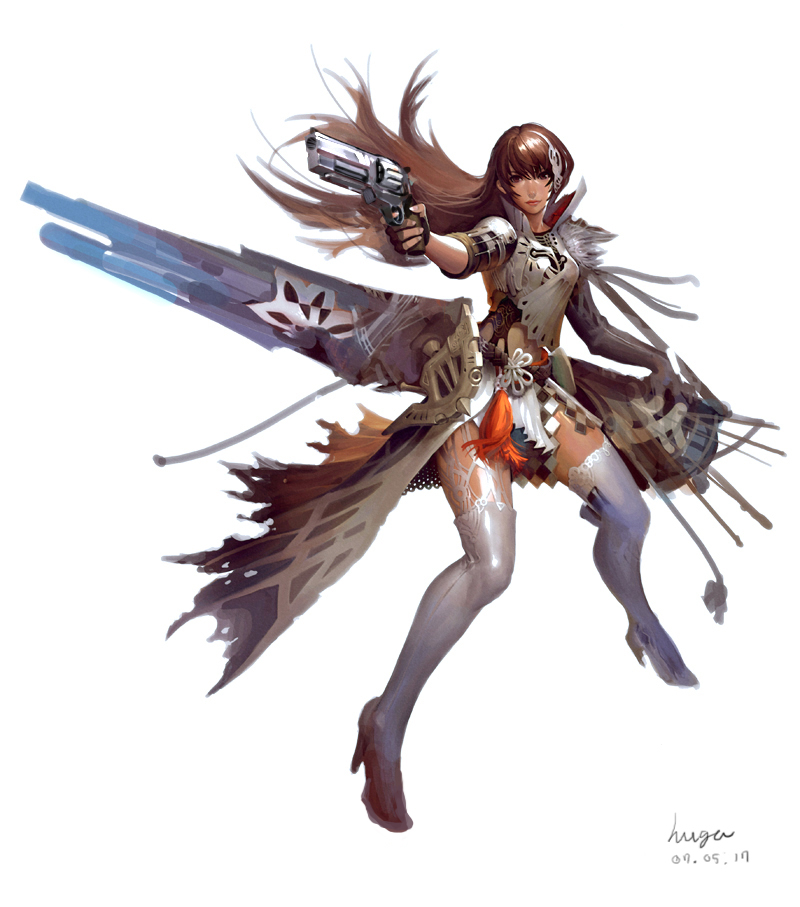 hyuga, florensia, 1girl, aiming, boots, brown hair, female focus, gun, handgun, high heels, knee boots, long hair, revolver, shoes, simple background, solo, thighhighs, weapon