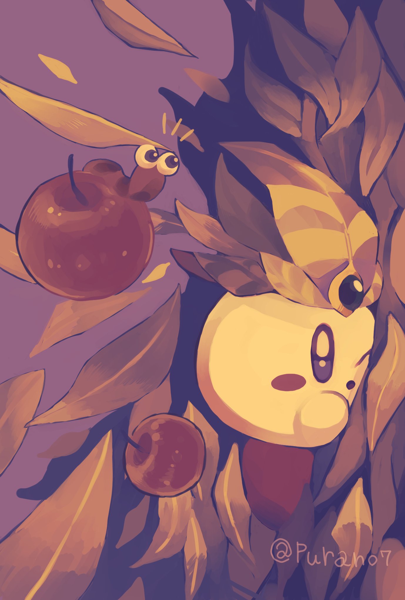 purano7, kirby, leaf kirby, kirby (series), nintendo, highres, :o, apple, artist name, blush stickers, color contrast, colored skin, copy ability, food, fruit, hat, leaf, no humans, one eye closed, open mouth, plant, red shoes, shoes, yellow skin