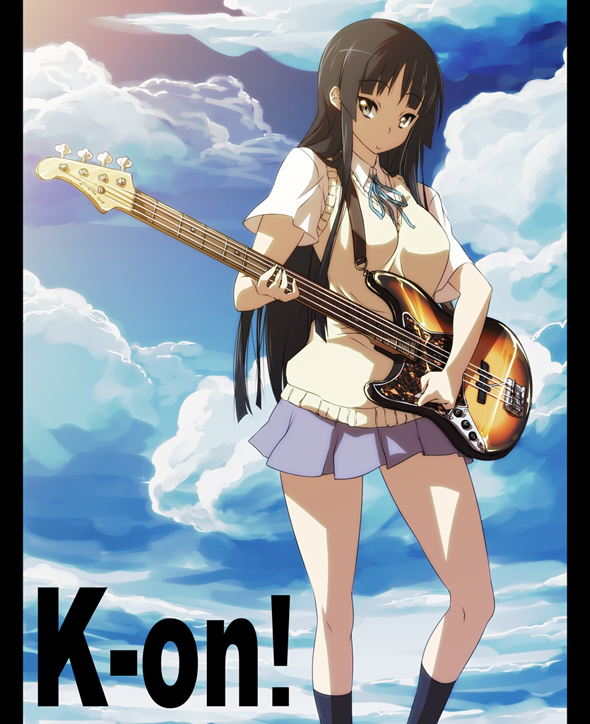 nekomamire, akiyama mio, k-on!, 00s, 1girl, bass guitar, black eyes, black hair, black socks, blunt bangs, cloud, day, female focus, guitar, hime cut, instrument, long hair, miniskirt, outdoors, pleated skirt, school uniform, sidelocks, skirt, sky, smile, socks, solo, standing, sweater, sweater vest, vest