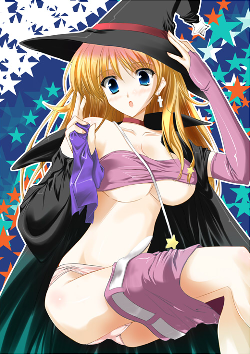 1girl, bandeau, blonde hair, blue eyes, breasts, bridal gauntlets, choker, clothes pull, elbow gloves, female focus, gloves, hat, large breasts, long hair, panties, pink panties, skirt, skirt pull, solo, star (symbol), strapless, tube top, underboob, underwear, witch hat