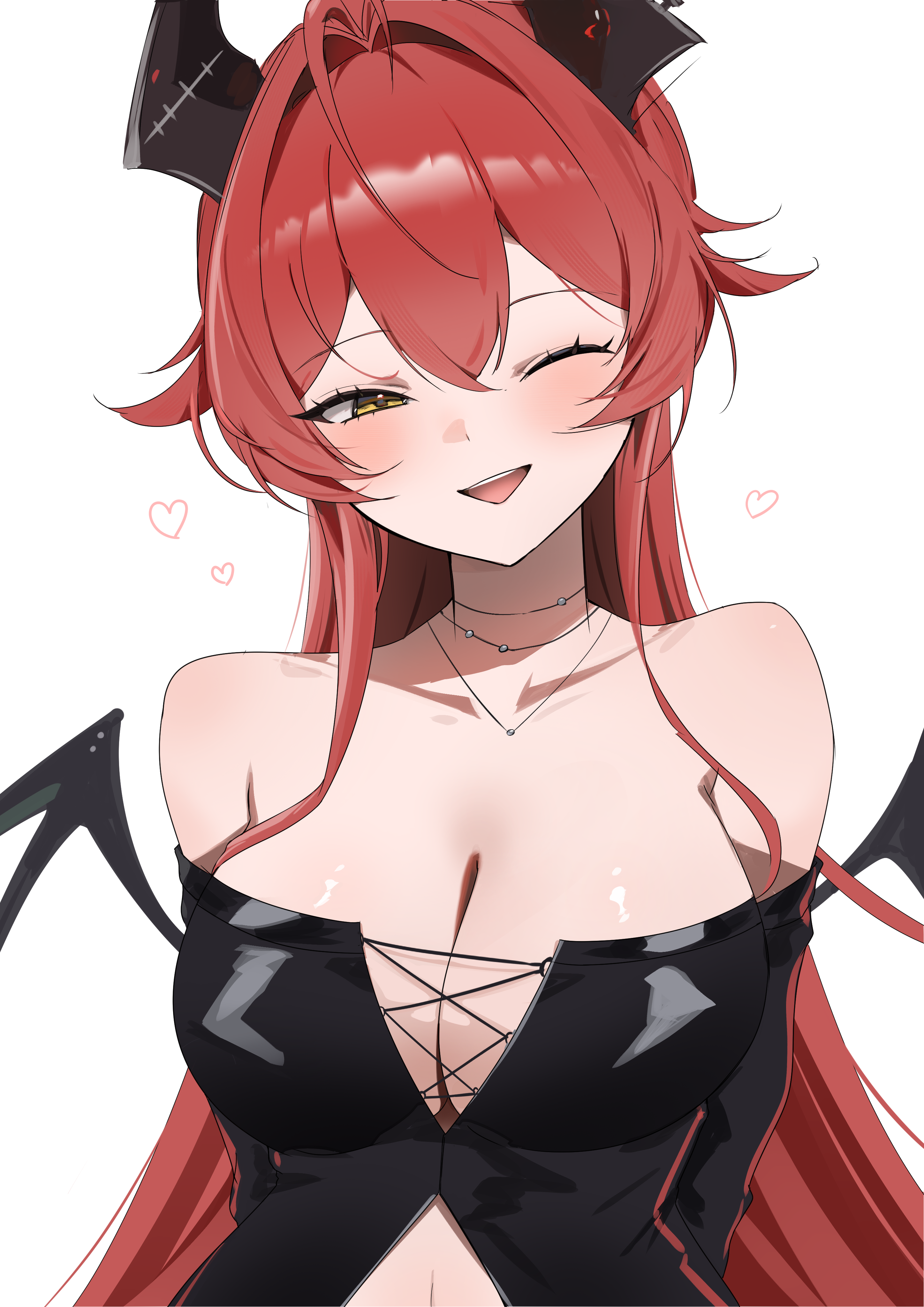 red hood (nikke), goddess of victory: nikke, zozotown, absurdres, commentary request, highres, 1girl, ;d, antenna hair, arms behind back, bare shoulders, black shirt, blush, breasts, cleavage, collarbone, cross-laced clothes, demon wings, double-parted bangs, hair between eyes, hair flaps, hair intakes, heart, horns, jewelry, large breasts, long hair, looking at viewer, mechanical horns, mopyo (gvmmr), navel, necklace, off-shoulder shirt, off shoulder, official alternate costume, one eye closed, open mouth, red hair, sharp teeth, shirt, sidelocks, simple background, smile, solo, standing, teeth, upper body, upper teeth only, very long hair, white background, wings, yellow eyes