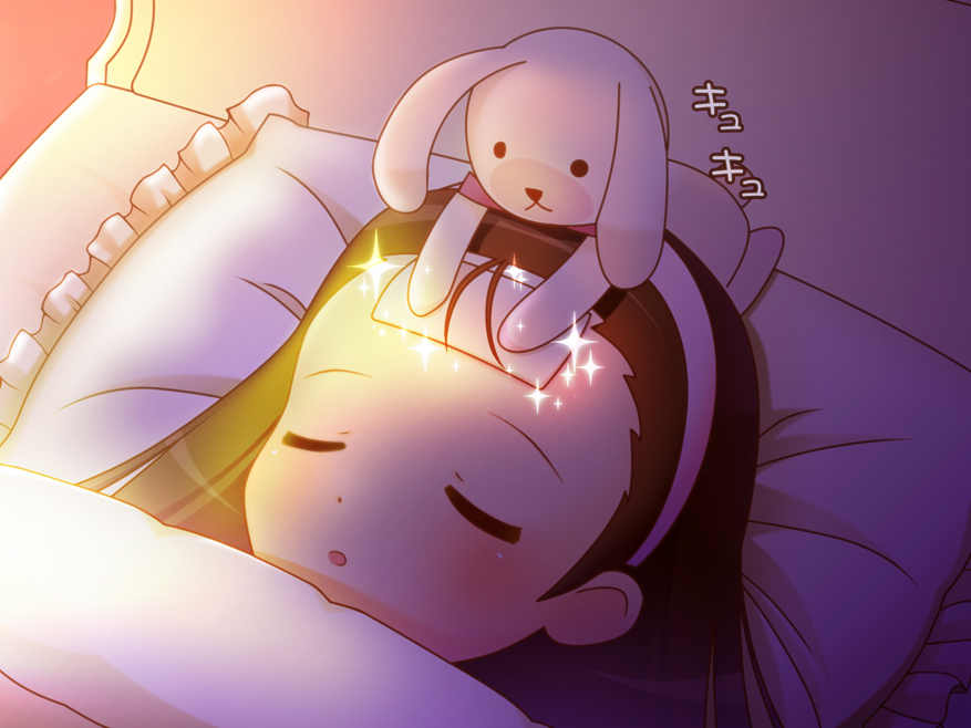 chinpui (artist), chinpui (chinpui02), minase iori, usa-chan, idolmaster, idolmaster (classic), idolmaster 1, 00s, 1girl, bed, brown hair, cold pack, female focus, fever, hairband, pillow, rabbit, sick, sleeping, solo, sparkle, stuffed animal, stuffed rabbit, stuffed toy