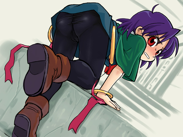 stupa13a, carrie fernandez, castlevania: legacy of darkness, castlevania (series), 1girl, ahoge, all fours, angry, ass, bent over, blue hair, blue pantyhose, blush, boots, bracelet, cameltoe, capelet, dutch angle, embarrassed, female focus, from behind, jewelry, latex, looking back, panties, panties under pantyhose, pantyhose, purple hair, red eyes, ribbon, short hair, solo, stairs, sweat, underwear, upskirt