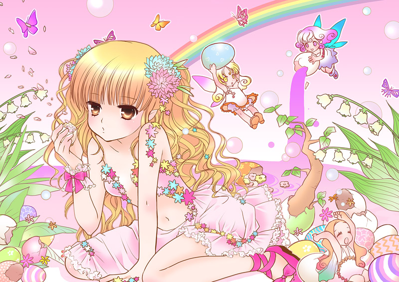 sakuragi akira, original, md5 mismatch, resolution mismatch, source smaller, 1girl, blonde hair, bra, brown eyes, bubble, bug, butterfly, egg, eggshell, fairy, female focus, flat chest, flower, insect, lingerie, open bra, pointy ears, rainbow, solo, underwear, wavy hair