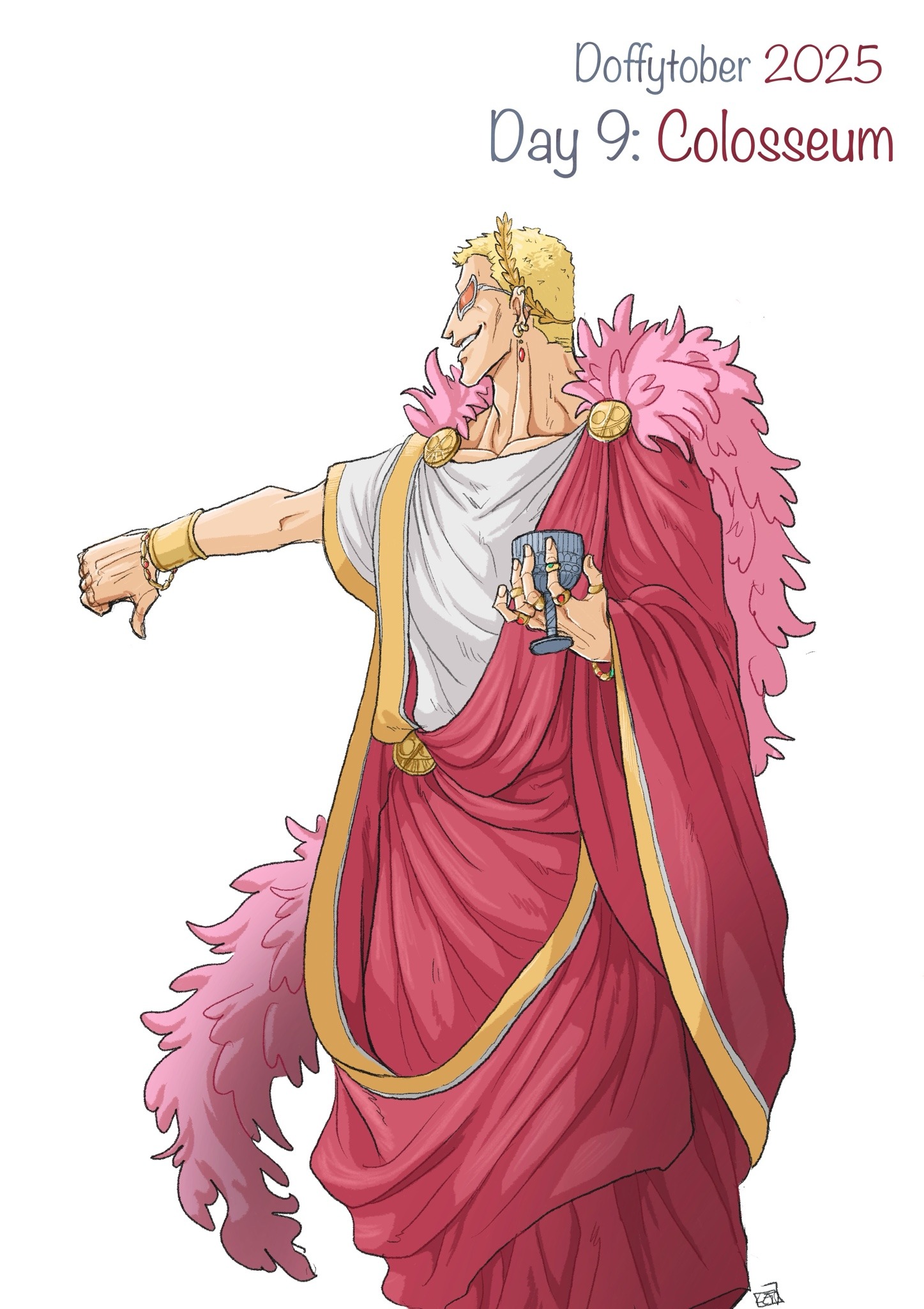 donquixote doflamingo, one piece, gold armlet, highres, 1boy, armlet, blonde hair, chalice, coat, cup, earrings, english text, feet out of frame, greco-roman clothes, inktober, jewelry, male focus, multiple rings, pink coat, profile, ring, roman clothes, shirt, short hair, smile, sunglasses, thumbs down, toga, tuquidflamingo, white background, white shirt