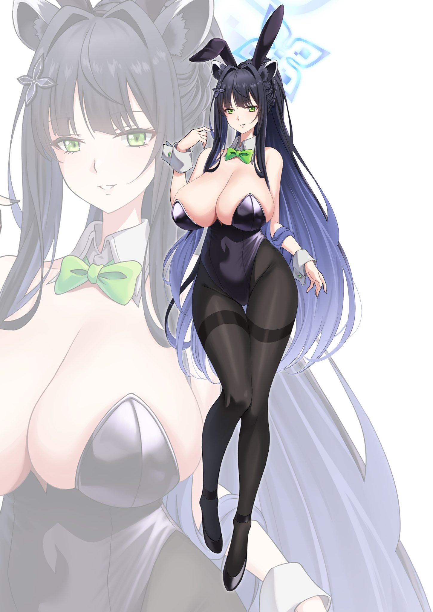 suigetu26, shun (blue archive), blue archive, commentary, highres, 1girl, alternate costume, animal ears, bare shoulders, black hair, black nails, black pantyhose, black shoes, blue hair, blue halo, blush, bow, bowtie, breasts, cleavage, colored inner hair, cowlick, detached collar, fake animal ears, full body, green bow, green bowtie, green eyes, hair intakes, halo, high heels, highleg, highleg leotard, large breasts, leotard, long hair, looking at viewer, multicolored hair, nail polish, pantyhose, parted lips, playboy bunny, ponytail, purple leotard, rabbit ears, shoes, sidelocks, simple background, smile, solo, standing, strapless, strapless leotard, thigh gap, thighband pantyhose, tiger ears, tiger girl, traditional bowtie, two-tone hair, white background, white wrist cuffs, wing collar, wrist cuffs, zoom layer