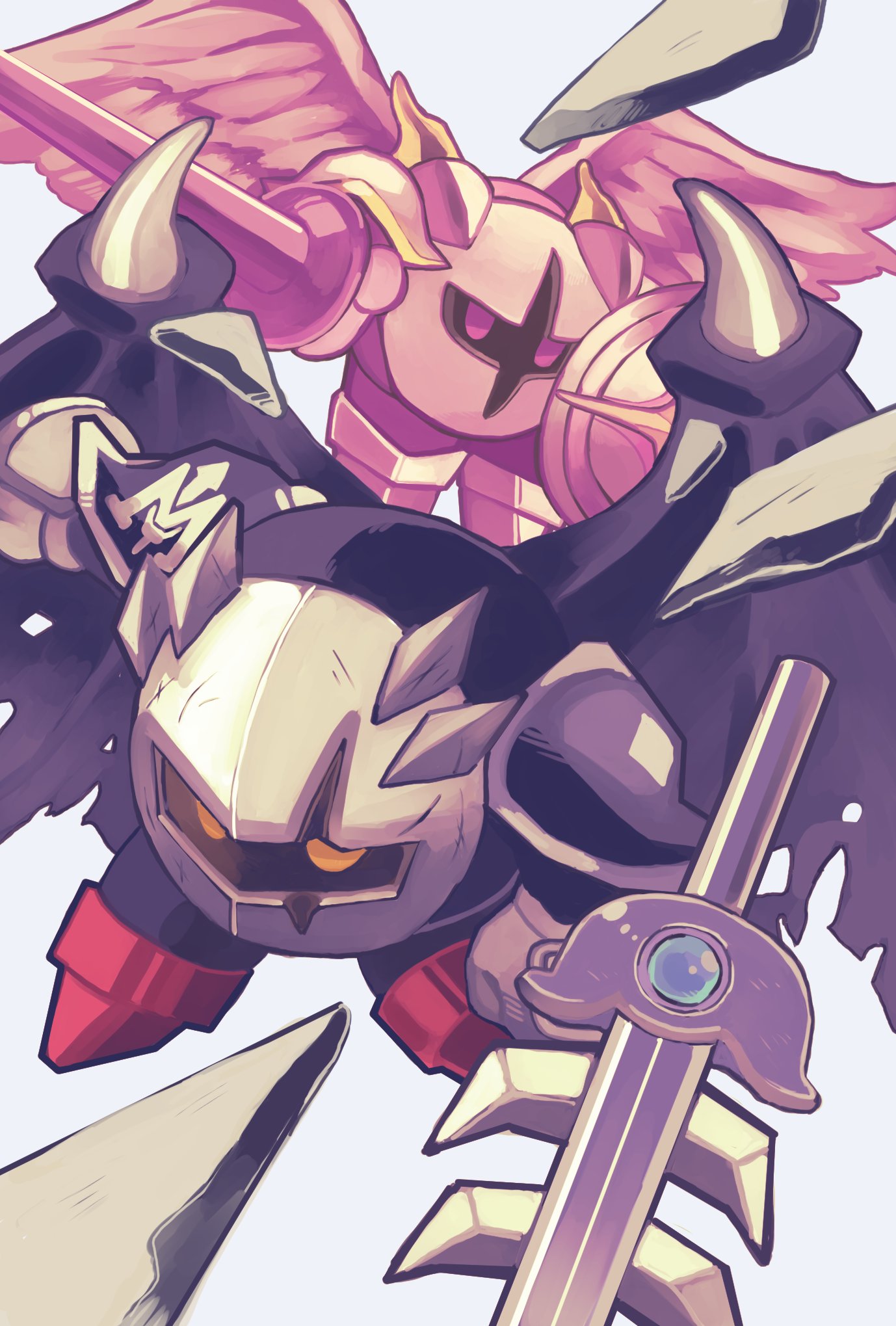 purano7, dark meta knight, galacta knight, meta knight, kirby (series), nintendo, highres, armor, cape, feathered wings, holding, holding shield, holding sword, holding weapon, mask, no humans, orange eyes, pauldrons, pink armor, pink eyes, pink shield, pink sword, pink wings, purple armor, purple wings, shield, shoulder armor, simple background, sword, weapon, white background, wings