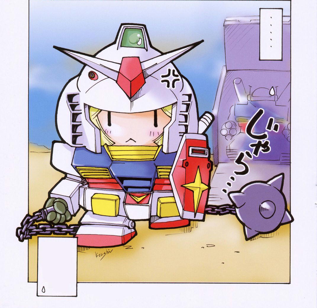 ichiba ko'ushi, guntank, rx-78-2 gundam, sayla mass, gundam, mobile suit gundam, 1girl, anger vein, angry, chibi, mecha musume, shield