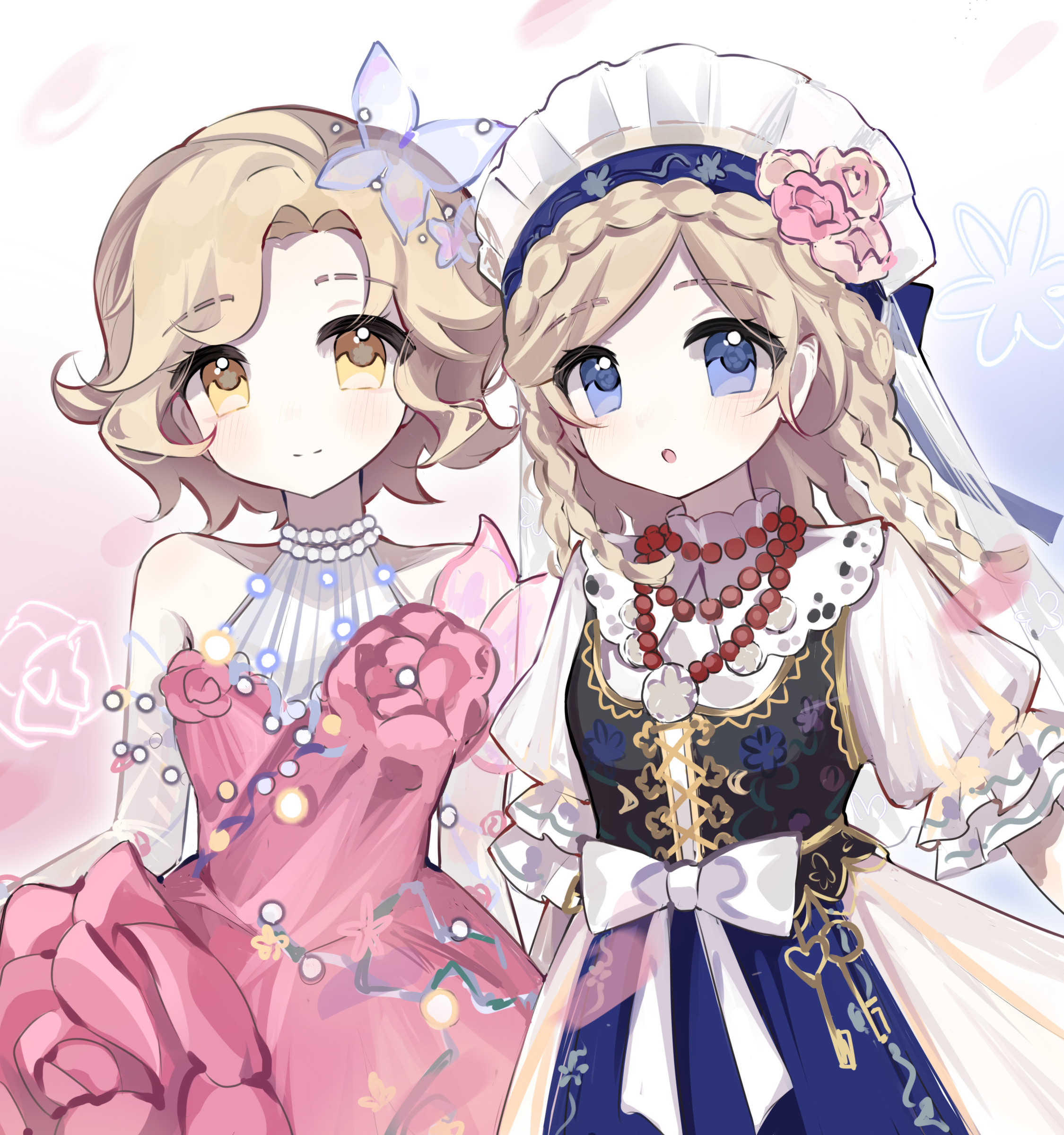 margaretha zelle, margaretha zelle (sylphide), vera nair, vera nair (judith the dove), identity v, absurdres, highres, 2girls, :o, bare shoulders, bead necklace, beads, blonde hair, blue dress, blue eyes, blush, bow, braid, butterfly hair ornament, closed mouth, dress, elbow gloves, flower, frills, front bow, gloves, hair flower, hair ornament, jewelry, key, long hair, looking at viewer, multicolored dress, multiple girls, necklace, open mouth, parted bangs, pearl necklace, petals, pink dress, pink flower, pink rose, puffy short sleeves, puffy sleeves, rose, shirt, short hair, short sleeves, sleeveless, sleeveless dress, smile, white background, white bow, white headdress, white shirt, xinjinjumin8673114, yellow eyes
