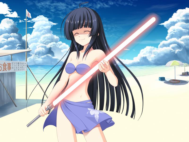 suzushiro akari, sora wo tobu mittsu no houhou, game cg, 1girl, beach, bikini, black hair, blue bikini, blunt bangs, closed eyes, day, energy sword, female focus, innertube, lightsaber, long hair, outdoors, sarong, solo, swim ring, swimsuit, sword, weapon