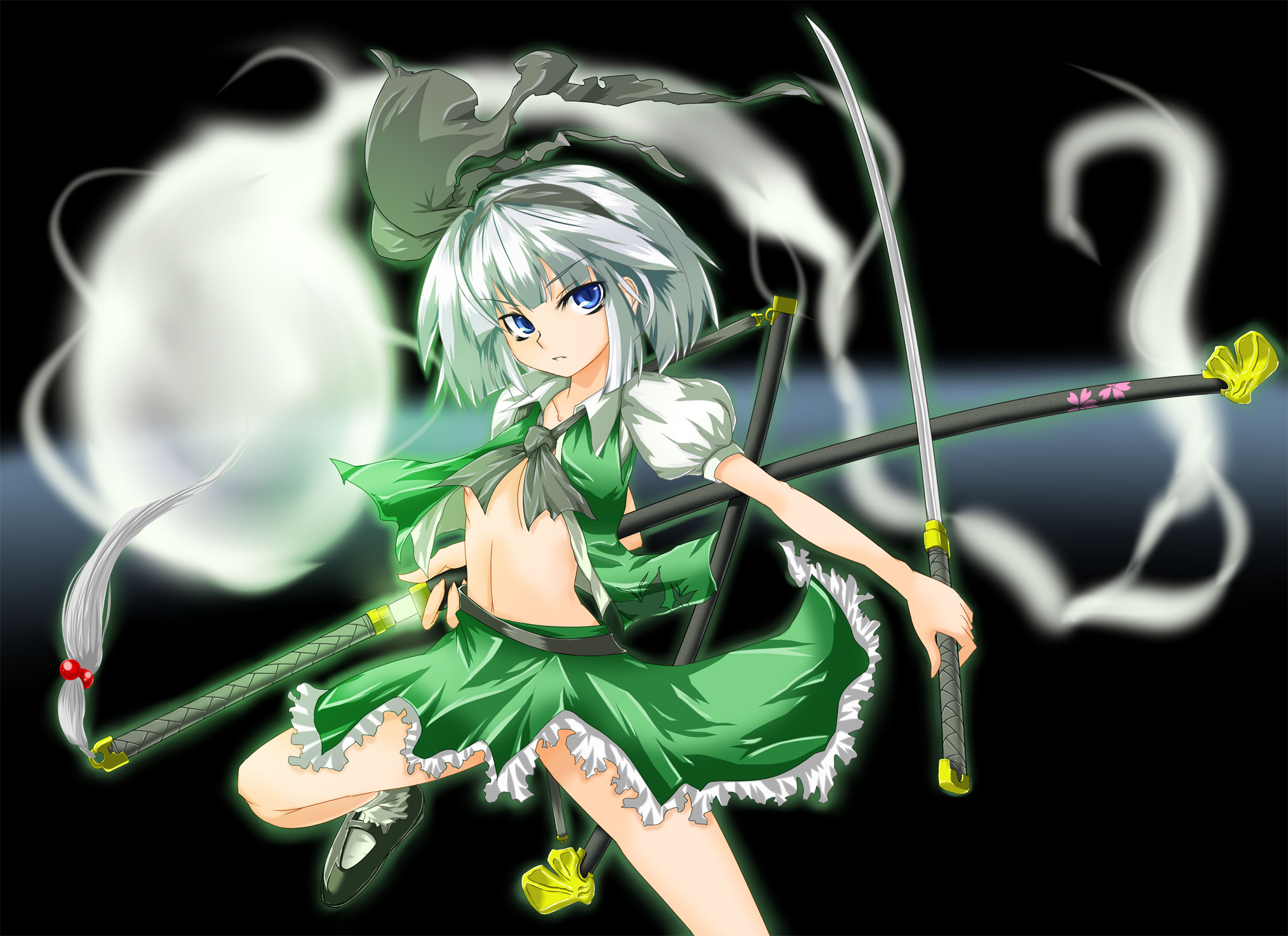 shoushinmono, tanaka ginji, konpaku youmu, konpaku youmu (ghost), touhou, silver hair, highres, 1girl, blue eyes, bob cut, female focus, flat chest, ghost, hair ornament, hitodama, katana, midriff, miniskirt, nipples, open clothes, open shirt, ribbon, shirt, shoes, short hair, sidelocks, skirt, socks, solo, standing, sword, weapon