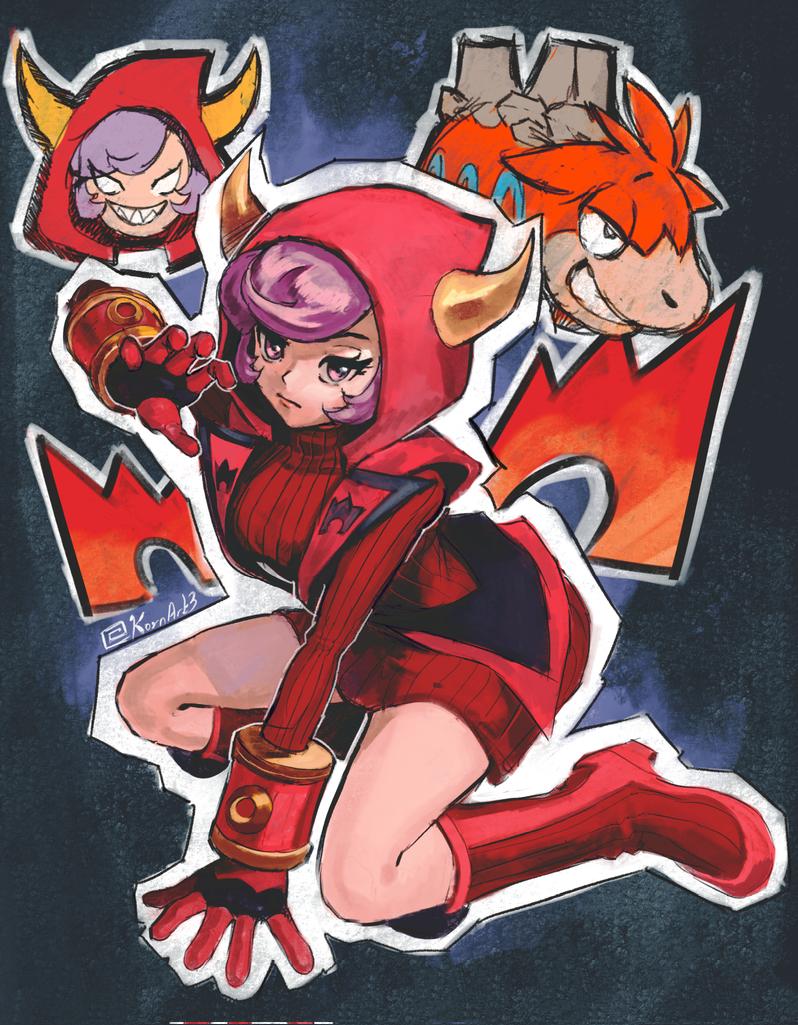 kornart, camerupt, nintendo, pokemon, pokemon oras, character request, 1girl, boots, breasts, dress, full body, gen 3 pokemon, hood, hood up, hooded vest, hoodie, large breasts, purple eyes, purple hair, red boots, red hood, red sweater, red vest, solo focus, sweater, sweater dress, twitter username, vest