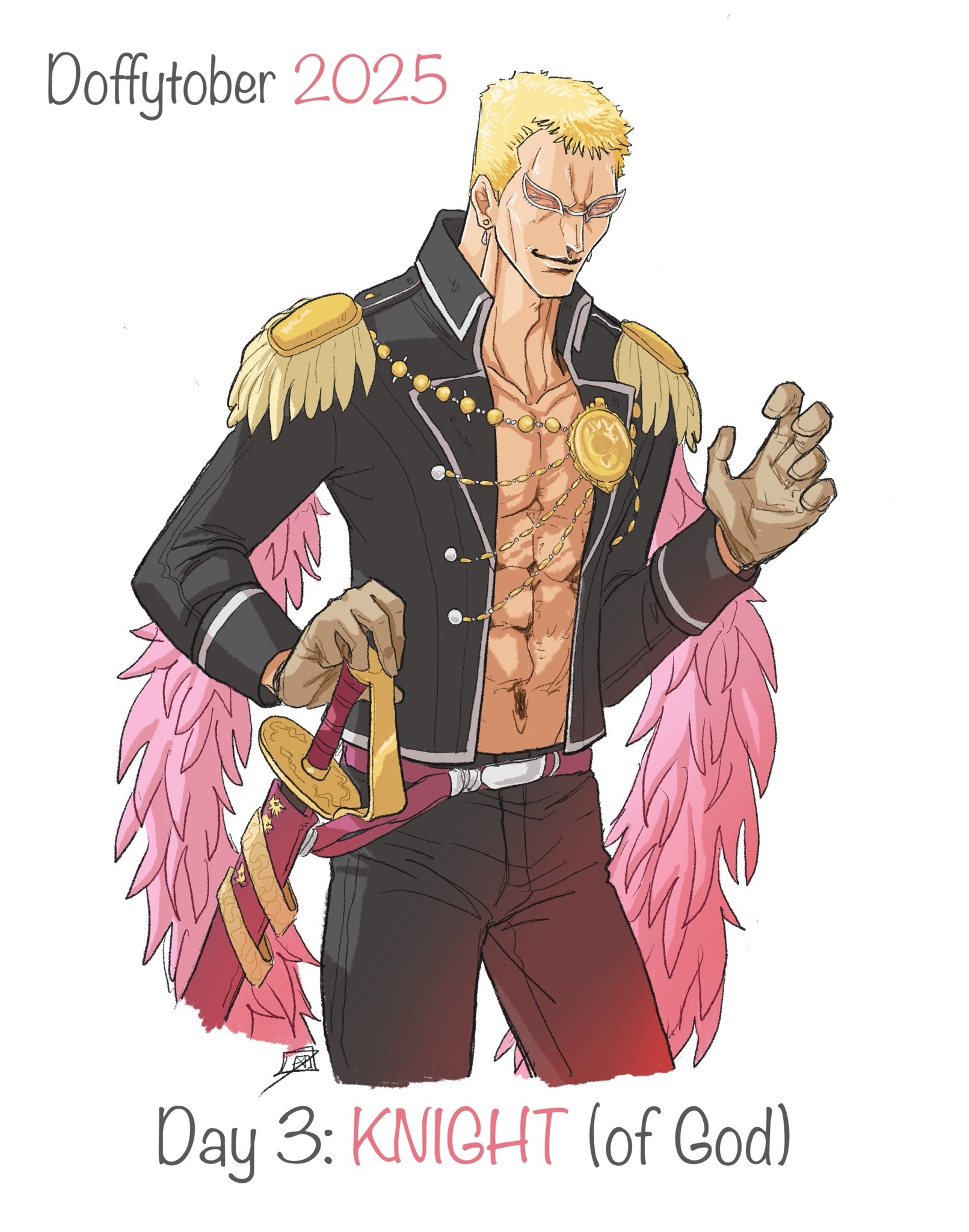 donquixote doflamingo, one piece, highres, 1boy, abs, black jacket, blonde hair, brown gloves, cowboy shot, earrings, english text, epaulettes, feather boa, gloves, holding, holding sword, holding weapon, inktober, jacket, jewelry, male focus, muscular, muscular male, open clothes, open jacket, short hair, smile, sunglasses, sword, tuquidflamingo, weapon