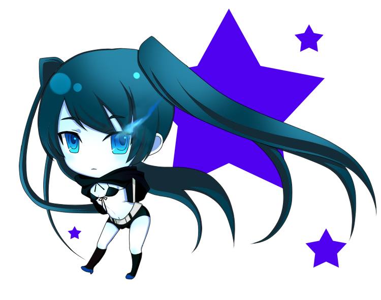 d (pixiv544157), black rock shooter (character), black rock shooter, bad id, bad pixiv id, 10s, bikini, bikini top only, black hair, blue eyes, boots, chibi, full body, long hair, navel, short shorts, shorts, solo, star (symbol), swimsuit, transparent background, twintails, very long hair