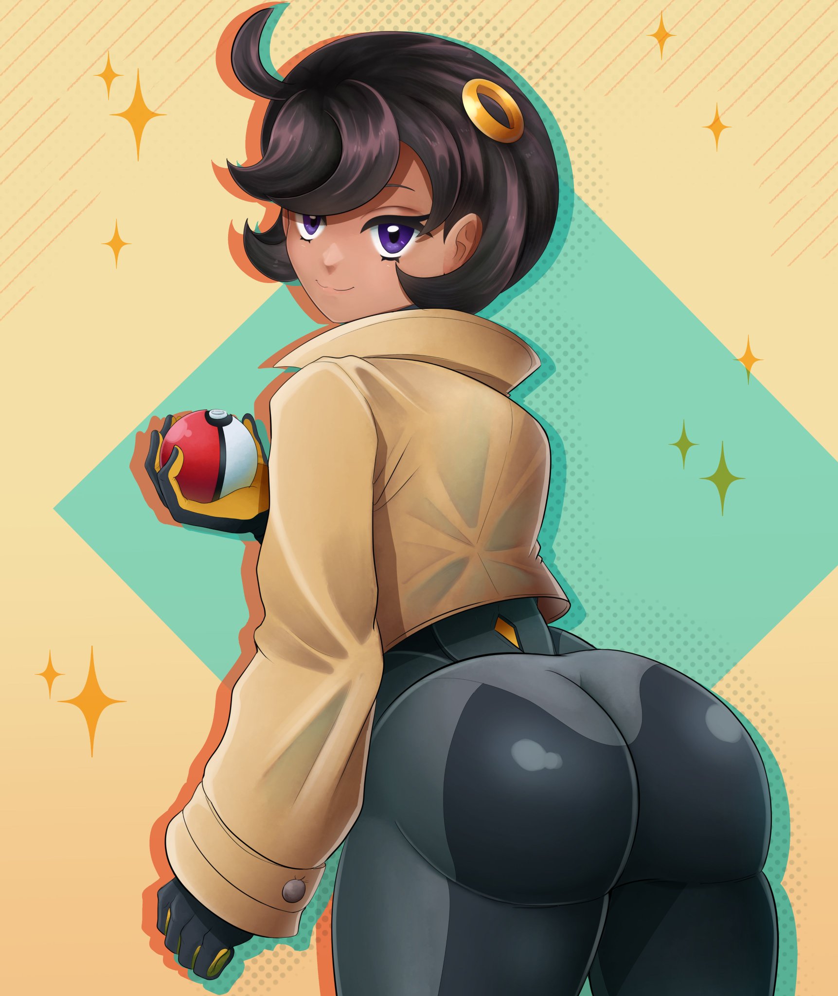 zssjblue, emma (pokemon), nintendo, pokemon, pokemon legends: z-a, 1girl, ass, black hair, bodysuit, dark-skinned female, dark skin, from behind, huge ass, jacket, looking at viewer, looking back, poke ball, purple eyes, short hair