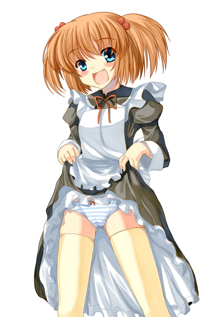 redcomet, kataoka yuuki, saki (manga), bad id, bad pixiv id, 00s, 1girl, :d, alternate costume, blue eyes, blush, bow, bow panties, brown hair, cameltoe, clothes lift, dress, dress lift, enmaided, fang, female focus, hair bobbles, hair ornament, lingerie, maid, open mouth, panties, petticoat, short twintails, smile, solo, striped clothes, striped panties, thighhighs, twintails, two side up, underwear