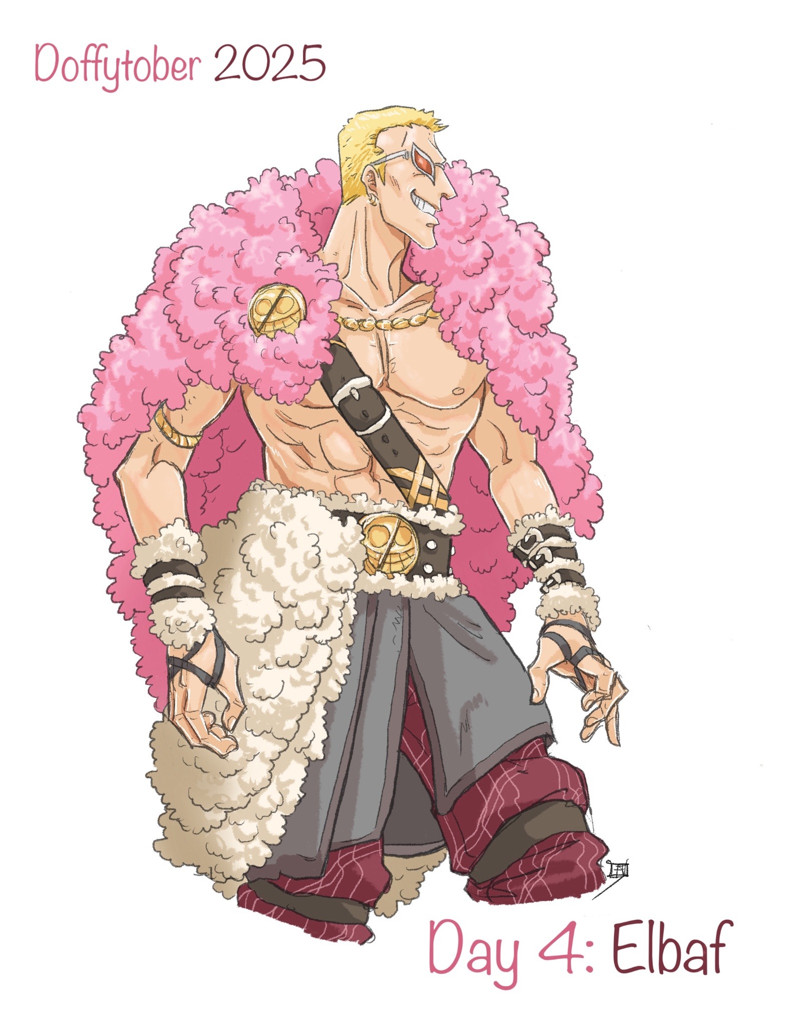 donquixote doflamingo, one piece, highres, 1boy, abs, arm warmers, belt, black belt, blonde hair, cowboy shot, earrings, english text, fur-trimmed arm warmers, fur-trimmed belt, fur trim, inktober, jewelry, male focus, muscular, muscular male, pants, profile, red pants, short hair, smile, sunglasses, topless male, tuquidflamingo, white background