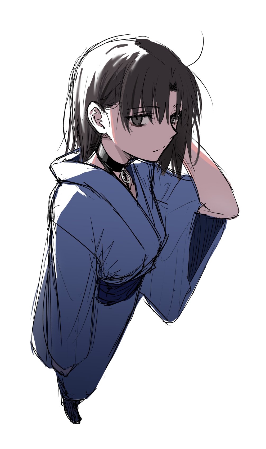 egomeshi, ryougi shiki, kara no kyoukai, highres, 1girl, black eyes, black hair, blue kimono, breasts, choker, japanese clothes, kimono, looking at viewer, short hair, simple background, small breasts, solo