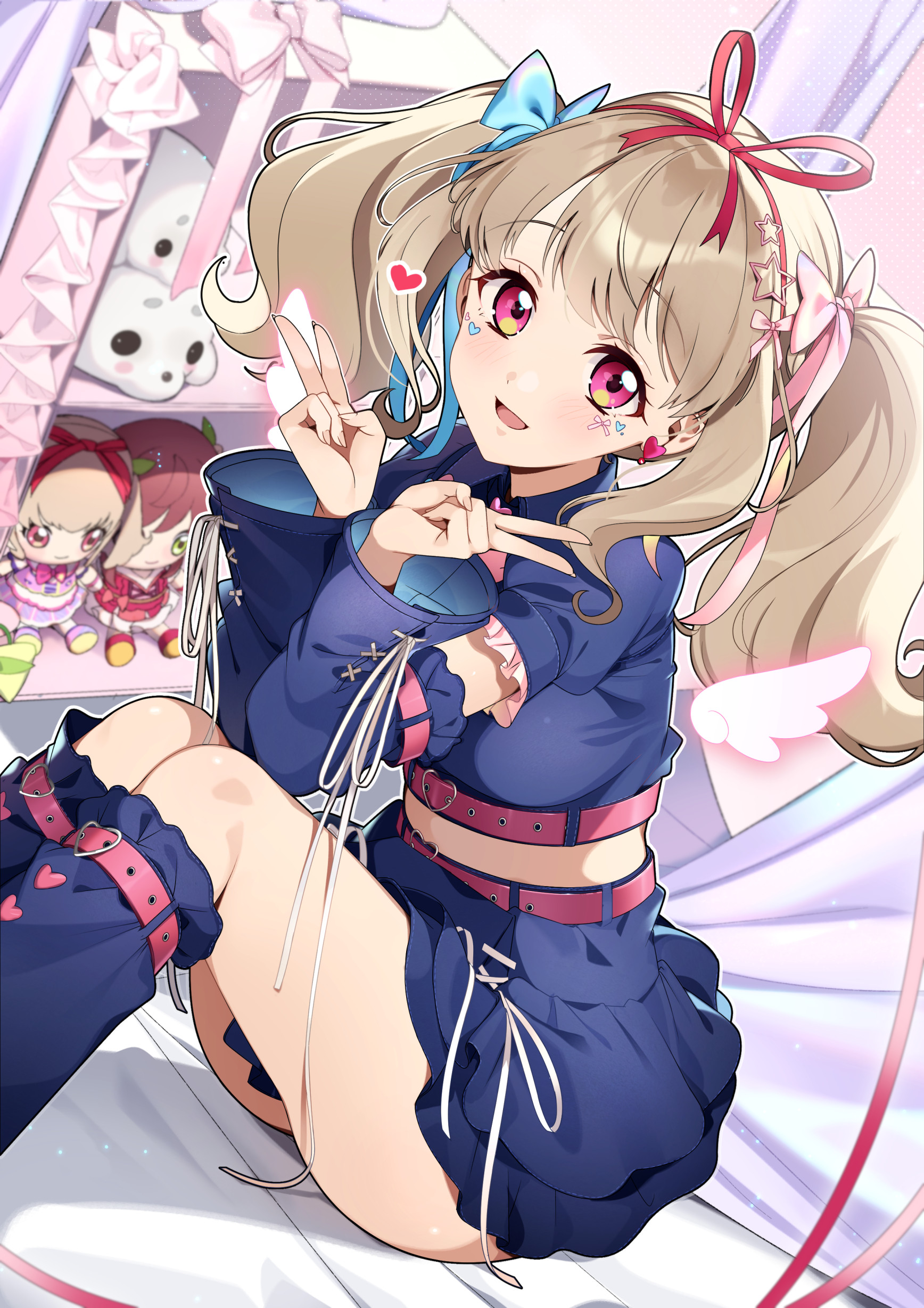 rumo, kiseki raki, aikatsu! (series), aikatsu on parade!, absurdres, commentary, highres, symbol-only commentary, 1girl, :d, alternate breast size (larger), belt, blonde hair, blue bow, blue shirt, blue skirt, blue sleeves, blue socks, bow, breasts, detached sleeves, double v, frilled sleeves, frills, hair bow, hair ribbon, hands up, indoors, kneehighs, knees up, large breasts, long hair, long sleeves, looking at viewer, midriff, miniskirt, open mouth, outline, pink bow, pink eyes, red ribbon, ribbon, shin strap, shirt, short sleeves, sitting, skirt, smile, socks, solo, sticker, sticker on face, stuffed toy, twintails, v, wavy hair, white outline, wide sleeves