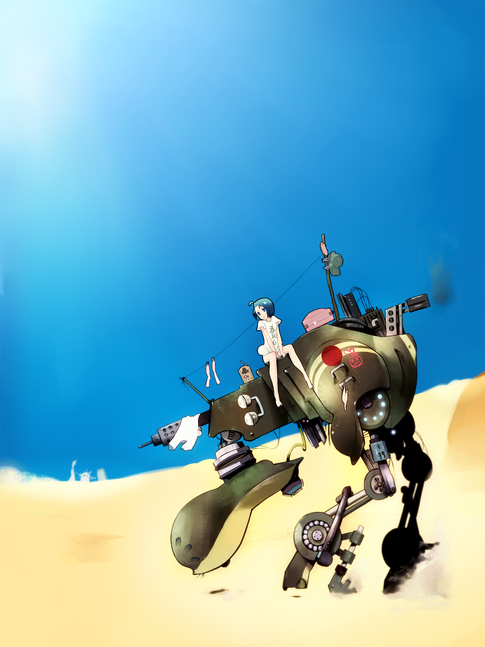 iku ki, statue of liberty, original, luggage, bad id, bad pixiv id, highres, apocalypse, blue hair, bra, desert, graffiti, gun, laundry, lingerie, mecha, post-apocalypse, radio, robot, sand, sandals, short hair, shorts, sitting, socks, sun, underwear, weapon