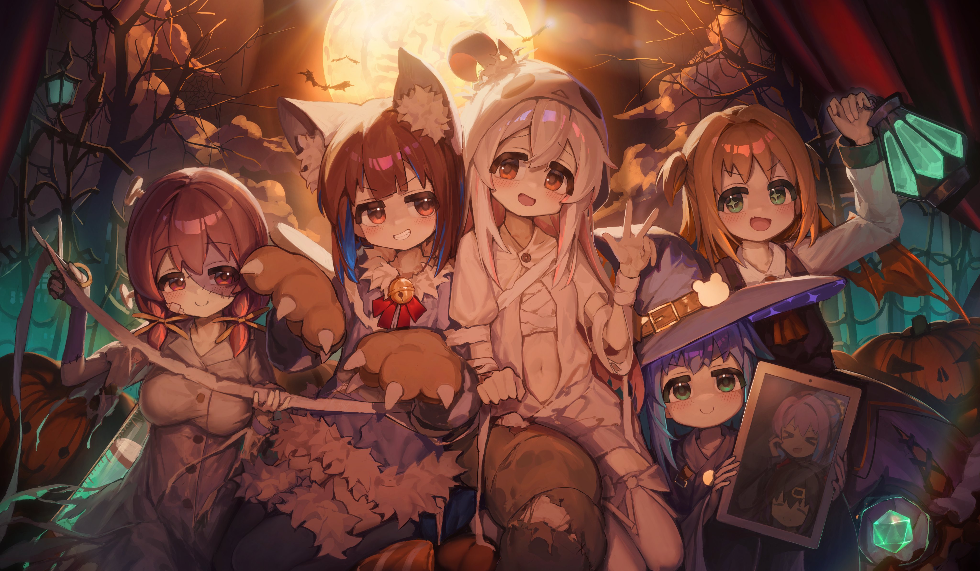 ap04astral, hozuki kaede, hozuki momiji, murosaki miyo, oka asahi, oyama mahiro, oyama mihari, tenkawa nayuta, onii-chan wa oshimai!, absurdres, highres, > <, + +, 6+girls, ahoge, animal ear fluff, animal ears, animal hands, bandages, bat (animal), bell, black hair, blue hair, breasts, brown eyes, brown hair, c:, closed eyes, cosplay, fang, gloves, green eyes, grin, hair ornament, halloween, halloween costume, hat, hat belt, holding, holding scissors, holding tablet pc, jack-o'-lantern, large breasts, long hair, long sleeves, looking at viewer, moon, moonlight, multiple girls, navel, neck bell, nurse, open mouth, paw gloves, pink hair, pumpkin, red eyes, scissors, short hair, siblings, sisters, skin fang, smile, stitched face, stitches, tablet pc, w, white hair, witch hat