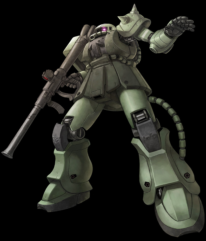 itou (onsoku tassha), zaku ii, gundam, mobile suit gundam, commentary request, bazooka (gundam), black background, full body, gun, holding, holding gun, holding weapon, mecha, mecha focus, mobile suit, no humans, robot, science fiction, shoulder spikes, simple background, solo, spikes, weapon