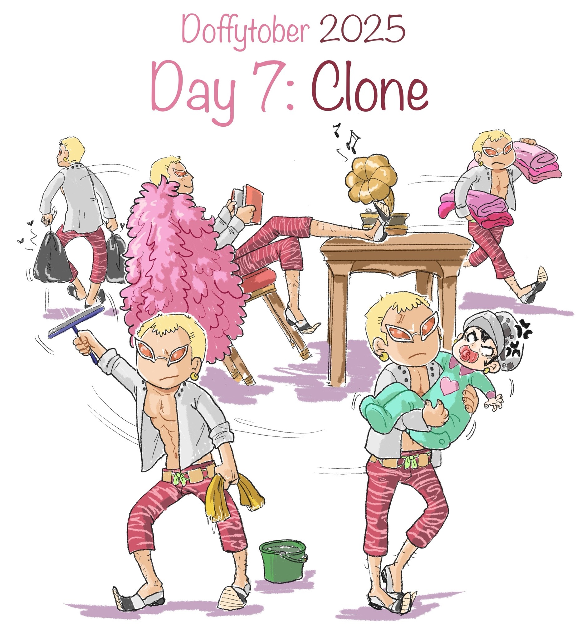 donquixote doflamingo, trafalgar law, one piece, highres, 2boys, angry, blonde hair, book, bucket, capri pants, carrying, carrying person, cleaning, clone, earrings, empty eyes, english text, hat, holding, holding book, holding cloth, inktober, jewelry, leg hair, legs on table, male focus, multiple boys, muscular, muscular male, open clothes, open shirt, pants, phonograph, running, shirt, short hair, smile, sunglasses, table, trash bag, tuquidflamingo, white background, white hat, white shirt