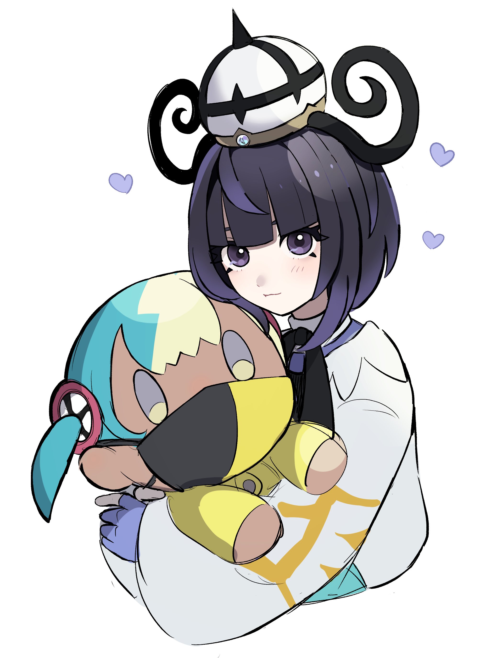 tsuki0425, gwynn (pokemon), nintendo, pokemon, pokemon legends: z-a, absurdres, highres, 1girl, black hair, blunt bangs, bob cut, canari plush (pokemon), character doll, closed mouth, coat, doll, gloves, gradient hair, hat, heart, holding, holding doll, light smile, long sleeves, looking at viewer, multicolored hair, partially fingerless gloves, purple eyes, purple hair, solo, upper body, white background, white coat